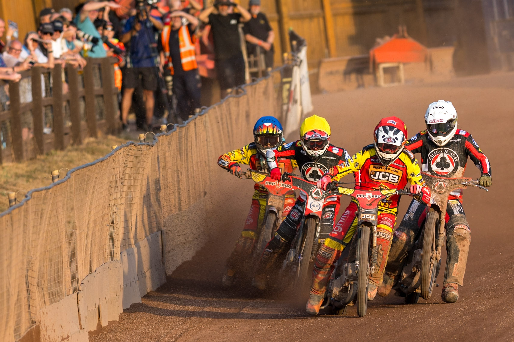 Sam Masters of Leicester Lions  in Red leading Peter Kildemand of Belle Vue Aces in White , Zach Cook of Belle Vue Aces  in Yellow and Drew Kemp of Leicester Lions  in Yellow during the Rowe Motor Oil Premiership match between Leicester Lions and Belle Vue Aces at the Hydroscan Arena, Leicester on Thursday 23rd July 2026. (Photo: Ian Charles | MI News)