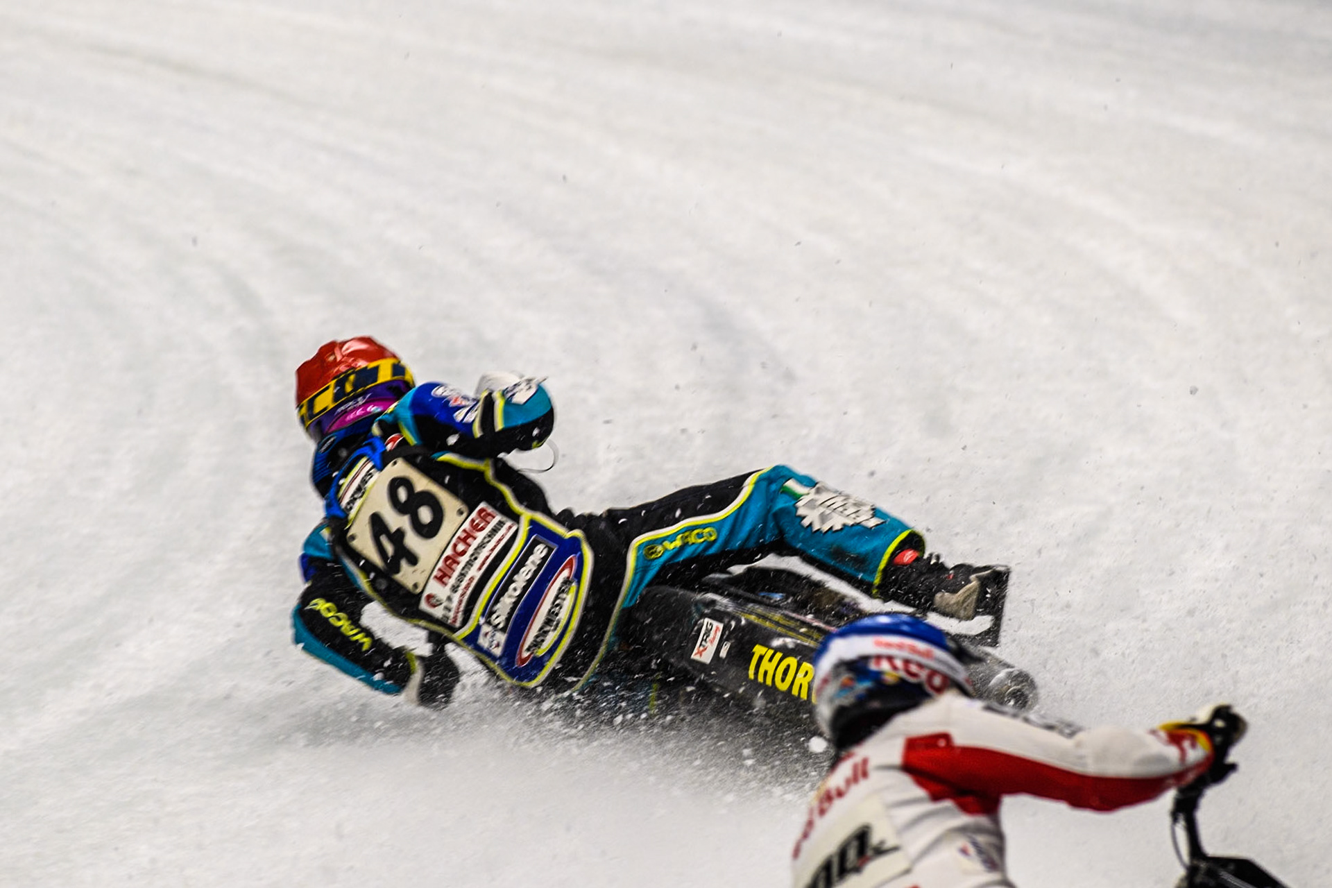 Luca Bauer (48) of Germany spins and leaves the track during the Ice Speedway Gladiators World Championship Final 1 at Max-Aicher-Arena, Inzell on Saturday 15th March 2025. (Photo: Ian Charles | MI News)