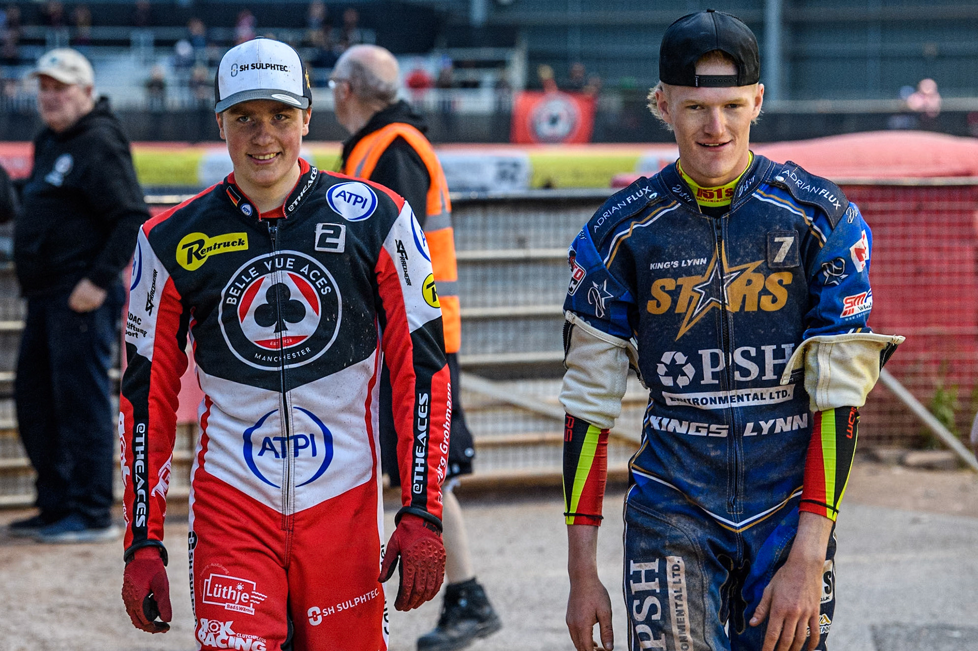 Belle Vue Aces' Norick Blodorn (Left) and King Lynn Stars' Anders Rowe during the Rowe Motor Oil Premiership match between Belle Vue Aces and King's Lynn Stars at the National Speedway Stadium, Manchester on Monday 20th May 2024. (Photo: Ian Charles | MI News)