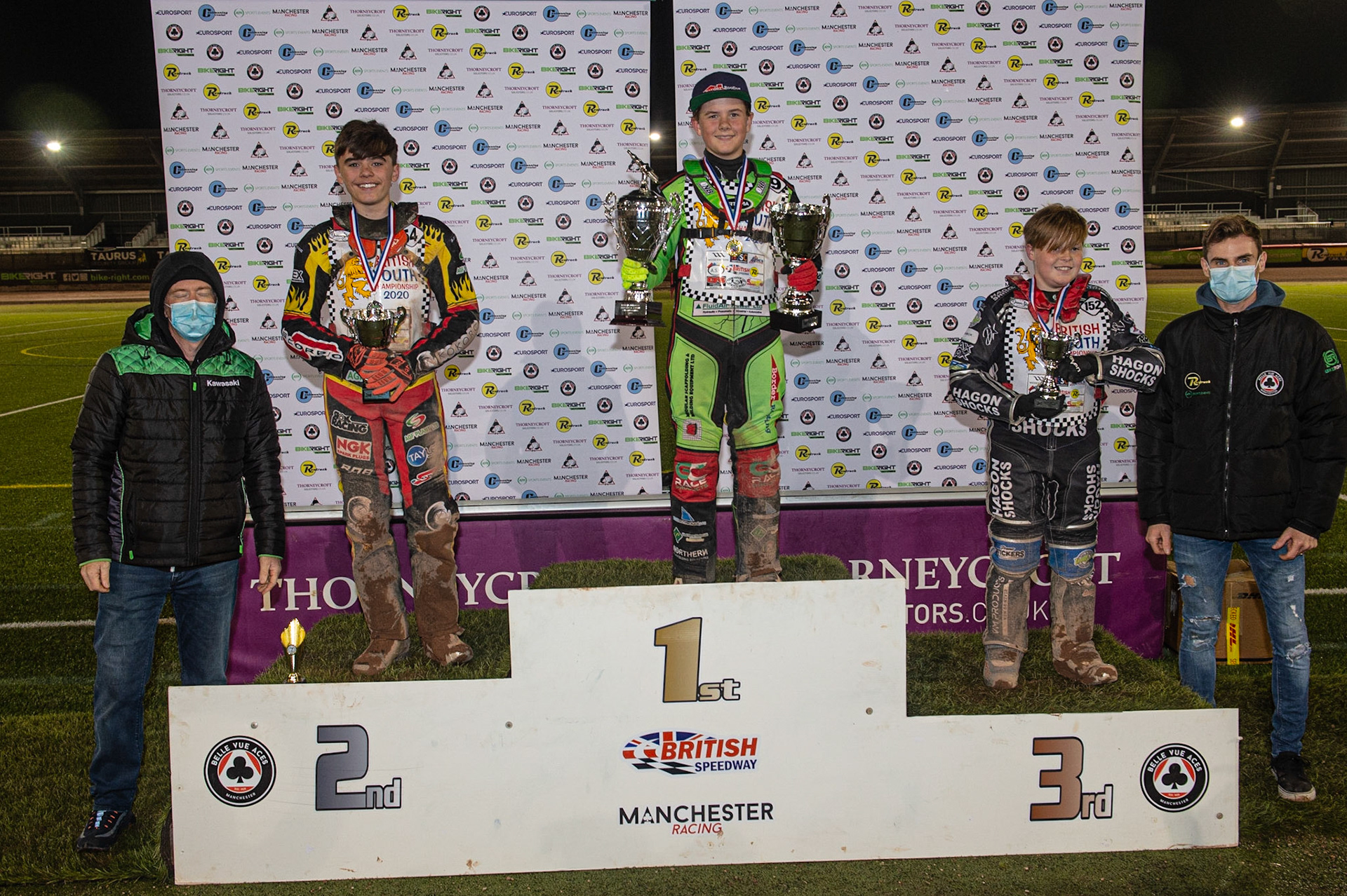 Photo: Ian Charles250cc Class Series Top 3:(l-r) Jason Crump, Max James (2nd), Luke Harrison (1st), Ashton Vale (3rd), Steve WorrallBritish Youth Speedway Championship (Round 5), National Speedway Stadium, Manchester Saturday  10  October  2020