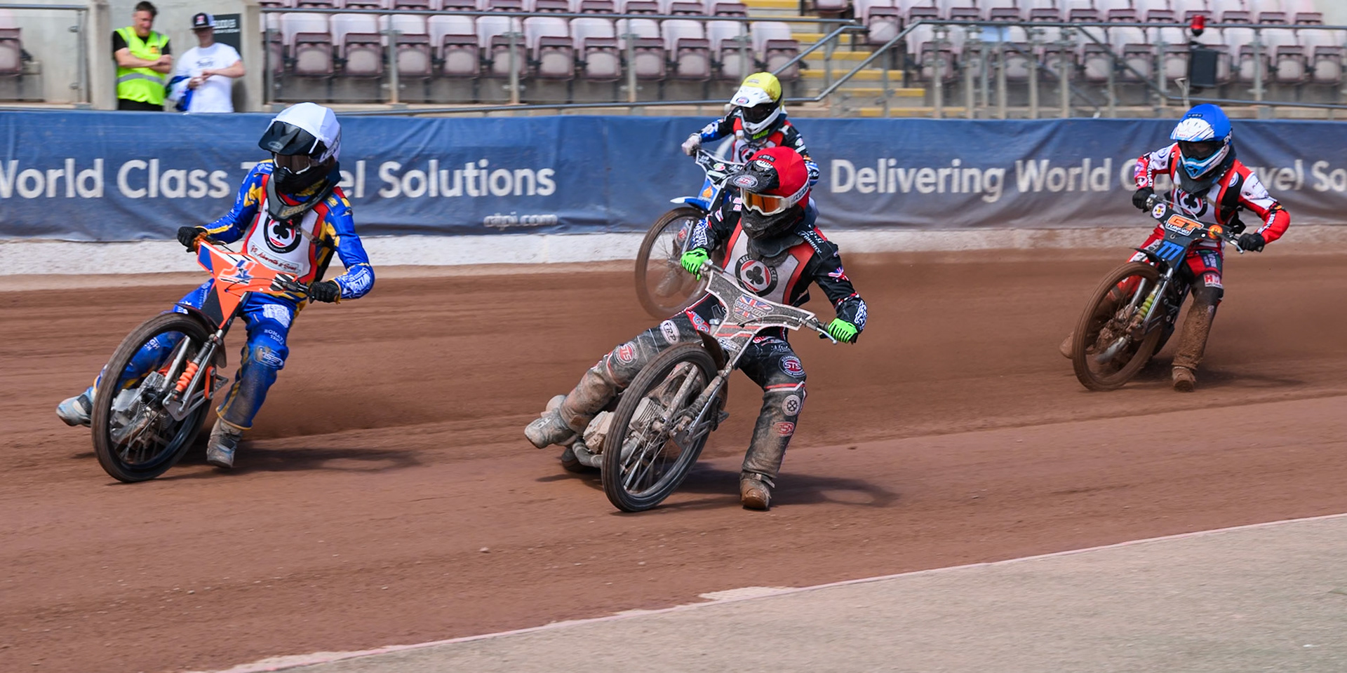 COLTS ACADEMY INDIVIDUAL EVENT Jordy Loftus in White  leading Jack Shimelt in Red , Lee Harrison in Yellow  and Billy Budd in Blue during the JR Ashworth &amp; Sons Colts Academy Event at the National Speedway Stadium, Manchester on Sunday 19th July 2026. (Photo: Ian Charles | MI News)