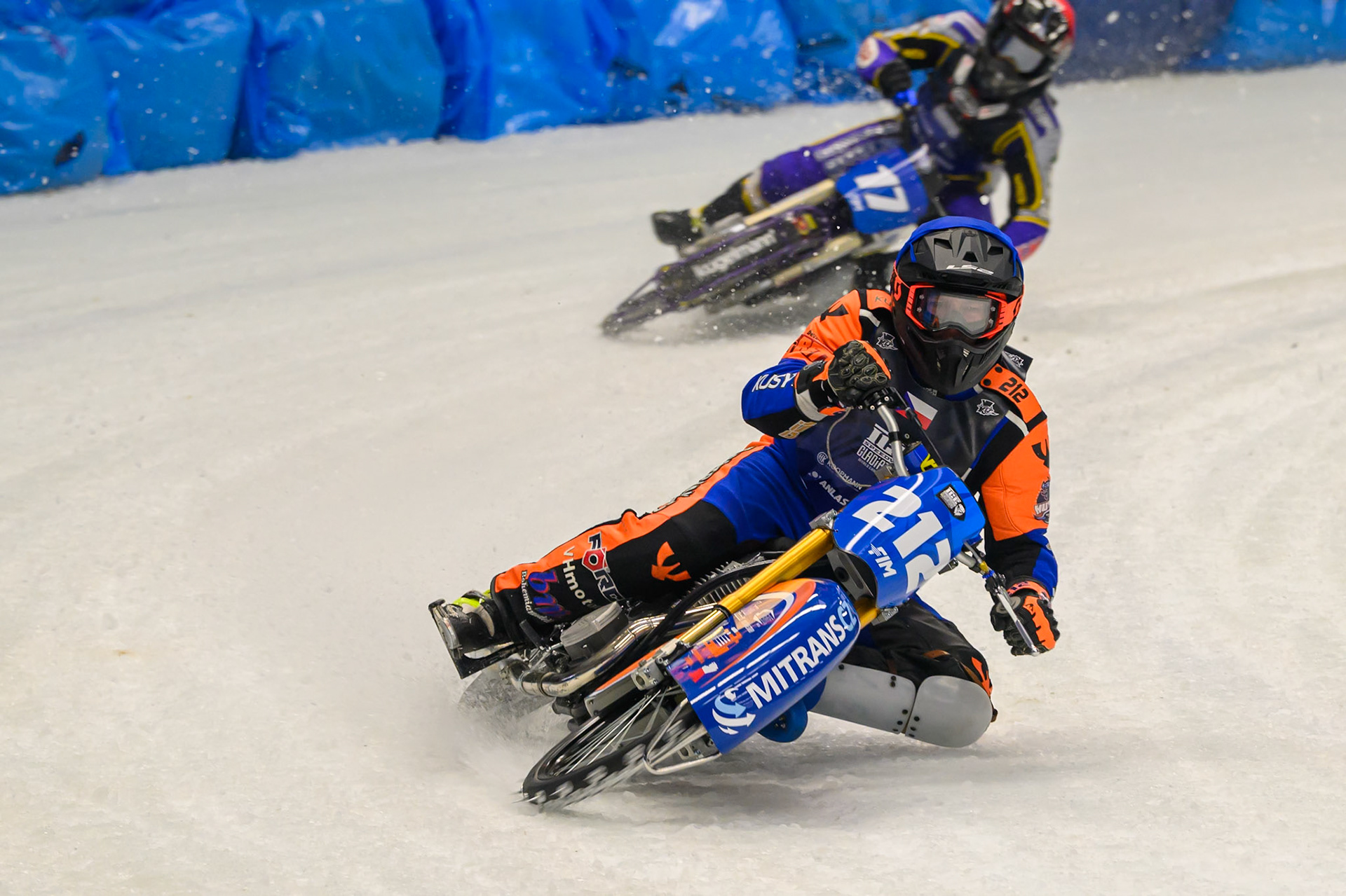 Lukas Hutla (212) of Czechia in Blue leading Reserve Christoph Kirchner (17) of Germany in Red during the Ice Speedway Gladiators World Championship Final 2 at Max-Aicher-Arena, Inzell on Sunday 15th March 2026. (Photo: Ian Charles | MI News)