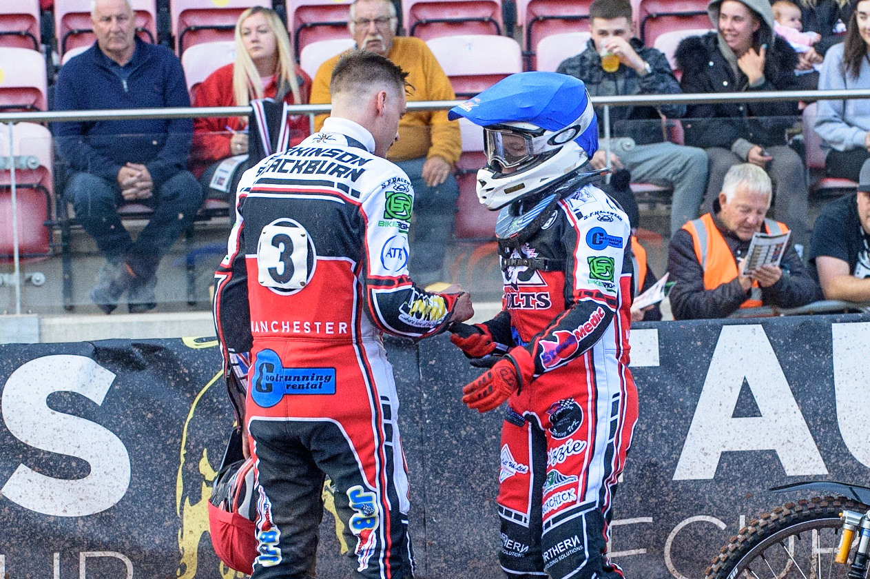 MANCHESTER, UK. JULY 29TH   Jack Parkinson-Blackburn  (left) congratulates Sam McGurk  on his heat win during the National Development League match between Belle Vue Colts and Leicester Lion Cubs at the National Speedway Stadium, Manchester on Thursday 29th July 2021. (Credit: Ian Charles | MI News)