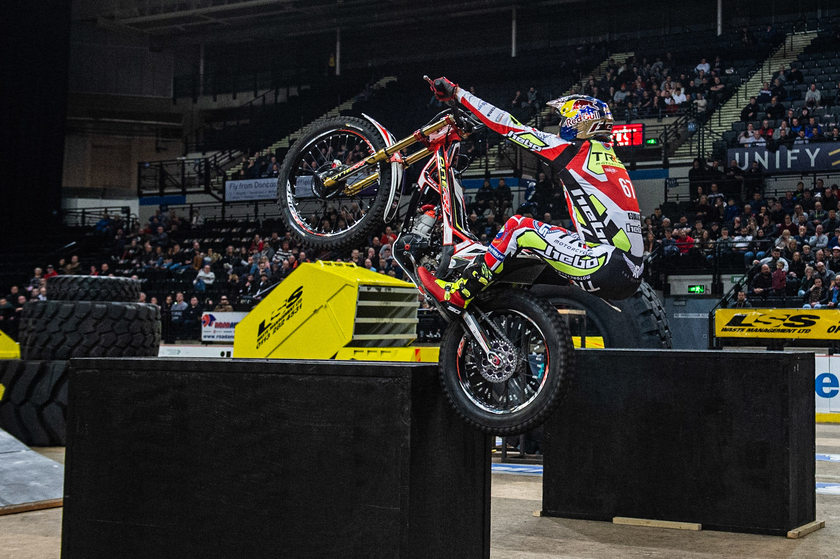 SHEFFIELD, ENGLAND  - DECEMBER 28TH  Adam Raga, Spain (TRRS) goes up the box obstacle  during the 25th Anniversary Sheffield Indoor Trial at the FlyDSA Arena, Sheffield on Saturday 28th December 2019. (Credit: Ian Charles | MI News)
