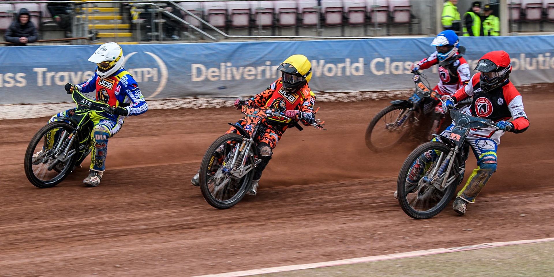 Leicester Lion Cubs' Guest Rider Darryl Ritchings in White rides outside Leicester Lion Cubs' Cooper Rushen in Yellow and Belle Vue Colts' Jack Kingston  in Red with Belle Vue Colts' Billy Budd in Blue behind during the WSRA National Development League match between Belle Vue Colts and Leicester Lion Cubs at the National Speedway Stadium, Manchester on Friday 18th April 2025. (Photo: Ian Charles | MI News)