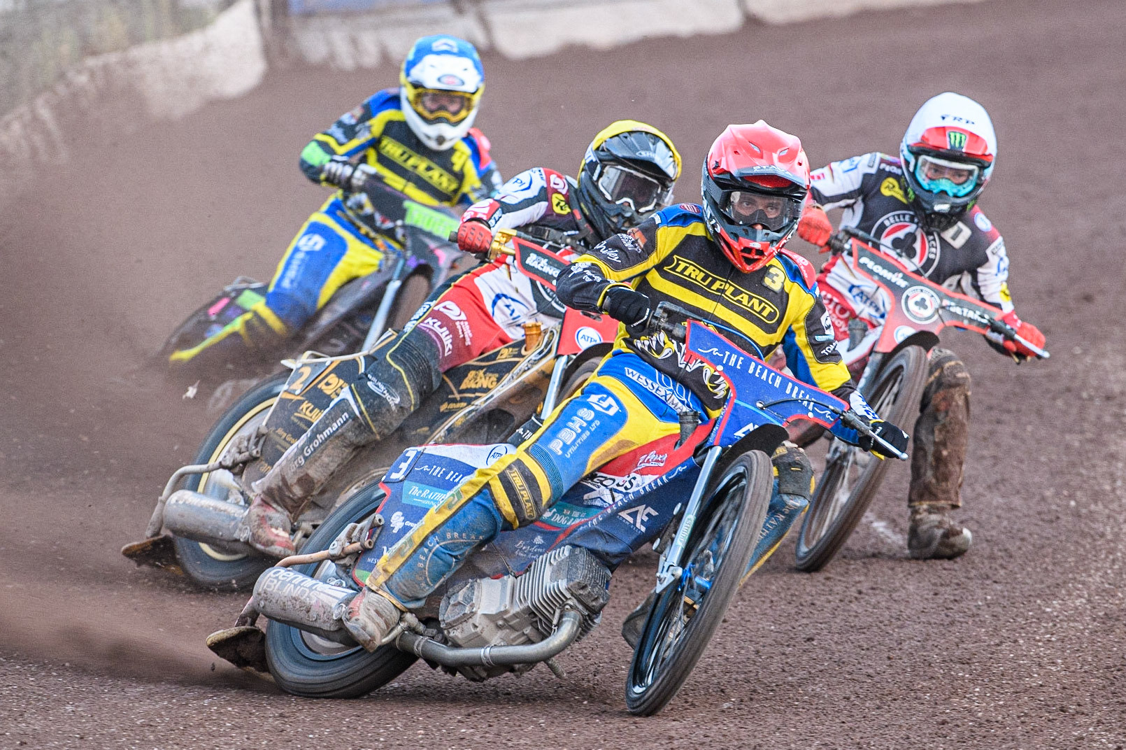 Adam Ellis (Red) leads Norick Blodorn (Yellow) Dan Bewley (White) and Josh Pickering (Blue) during the Sports Insure Premiership match between Sheffield Tigers and Belle Vue Aces at Owlerton Stadium, Sheffield on Thursday 20th July 2023. (Photo: Ian Charles | MI News)
