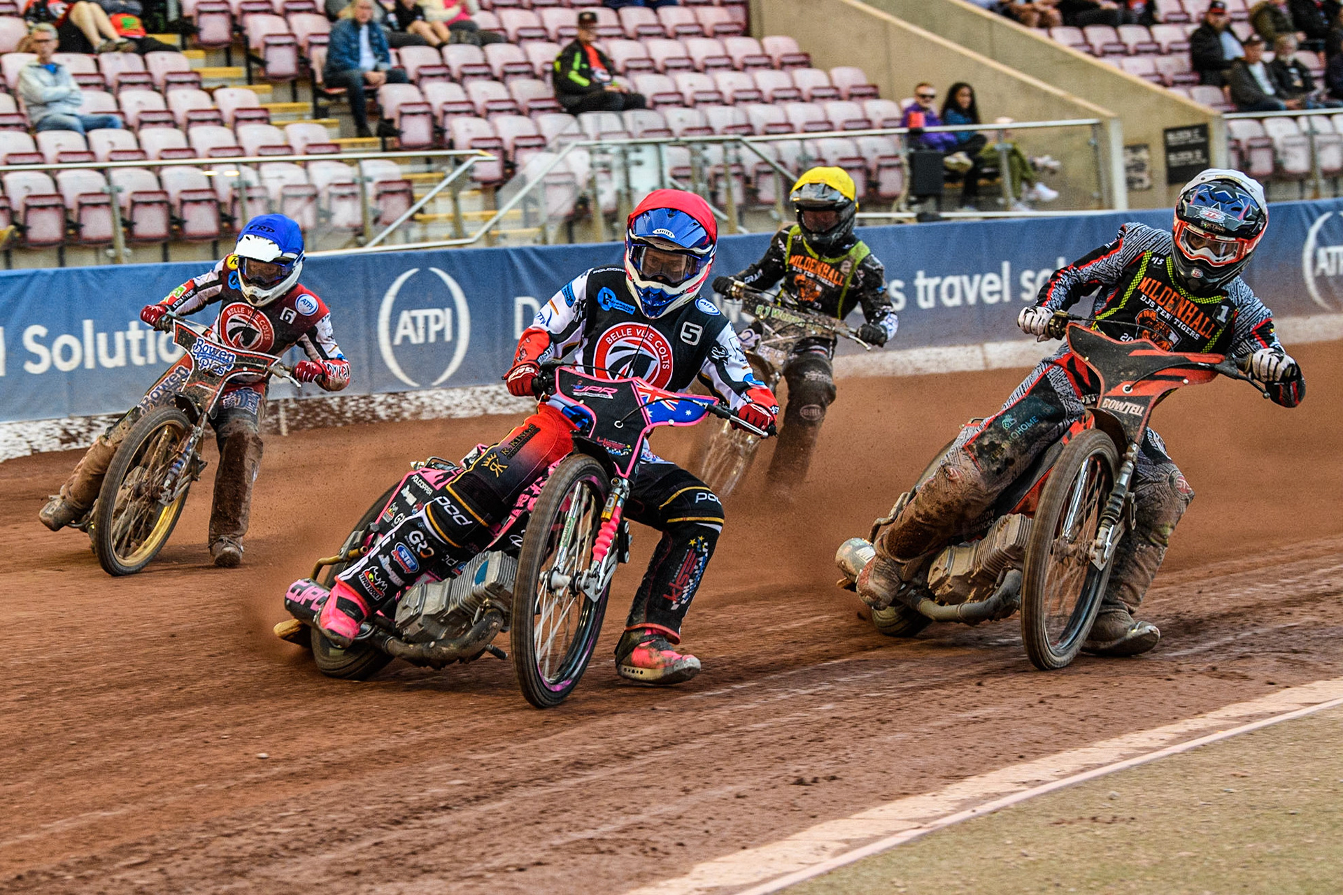 James Pearson (Red) leads Alfie Bowtell (White) Paul Bowen (Blue) and Josh Warren (Yellow) during the National Development League match between Belle Vue Colts and Mildenhall Fens Tigers at the National Speedway Stadium, Manchester on Friday 26th May 2023. (Photo: Ian Charles | MI News)