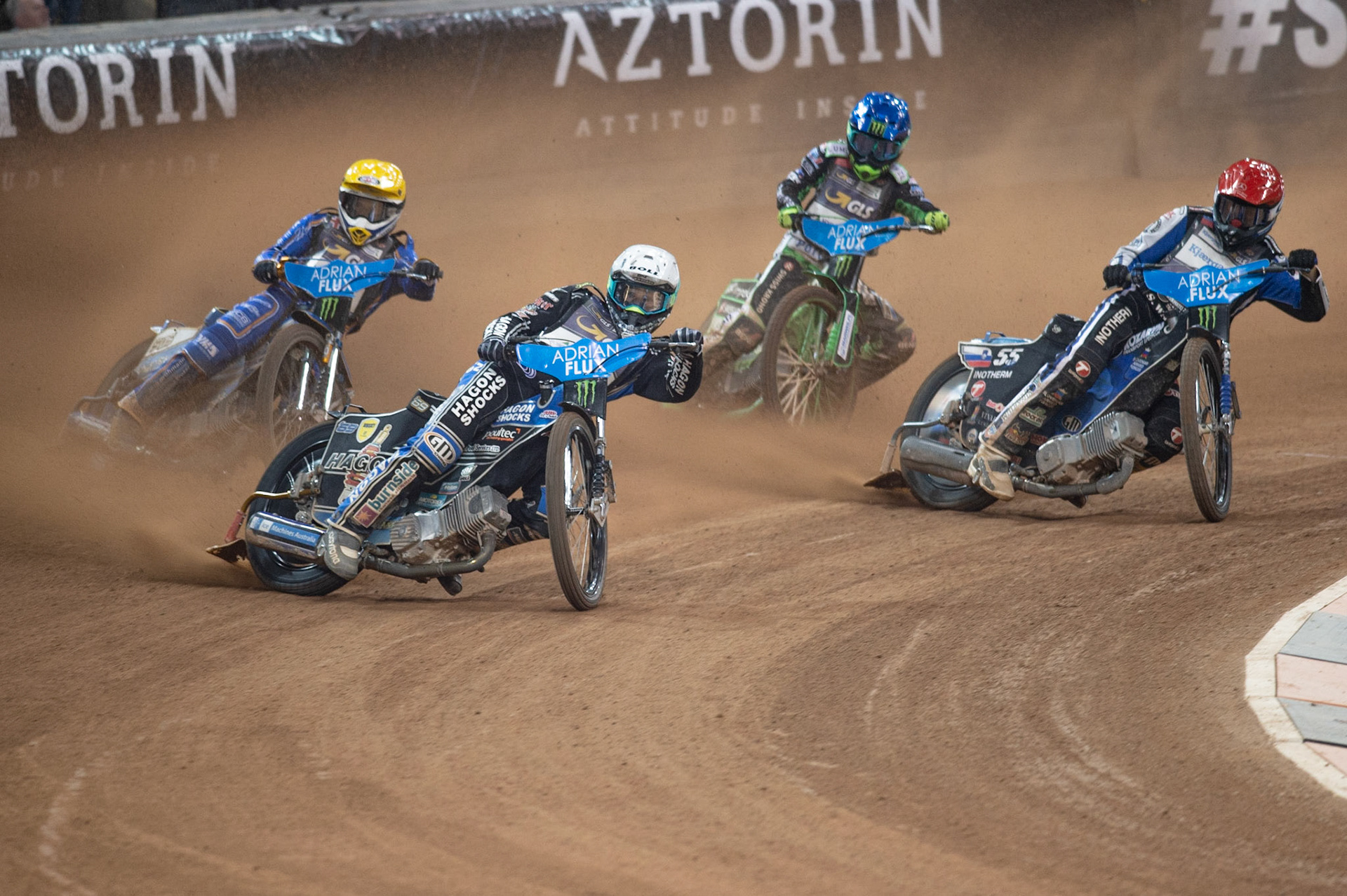 CARDIFF,WALES  Jason Doyle (White) leads Robert Lambert (Yellow) Matej Zagar (Red) and Patryk Dudek  (Blue) during the ADRIAN FLUX BRITISH FIM SPEEDWAY GRAND PRIX at the Principality Stadium, Cardiff on Saturday 21st September 2019. (Credit: Ian Charles | MI News)