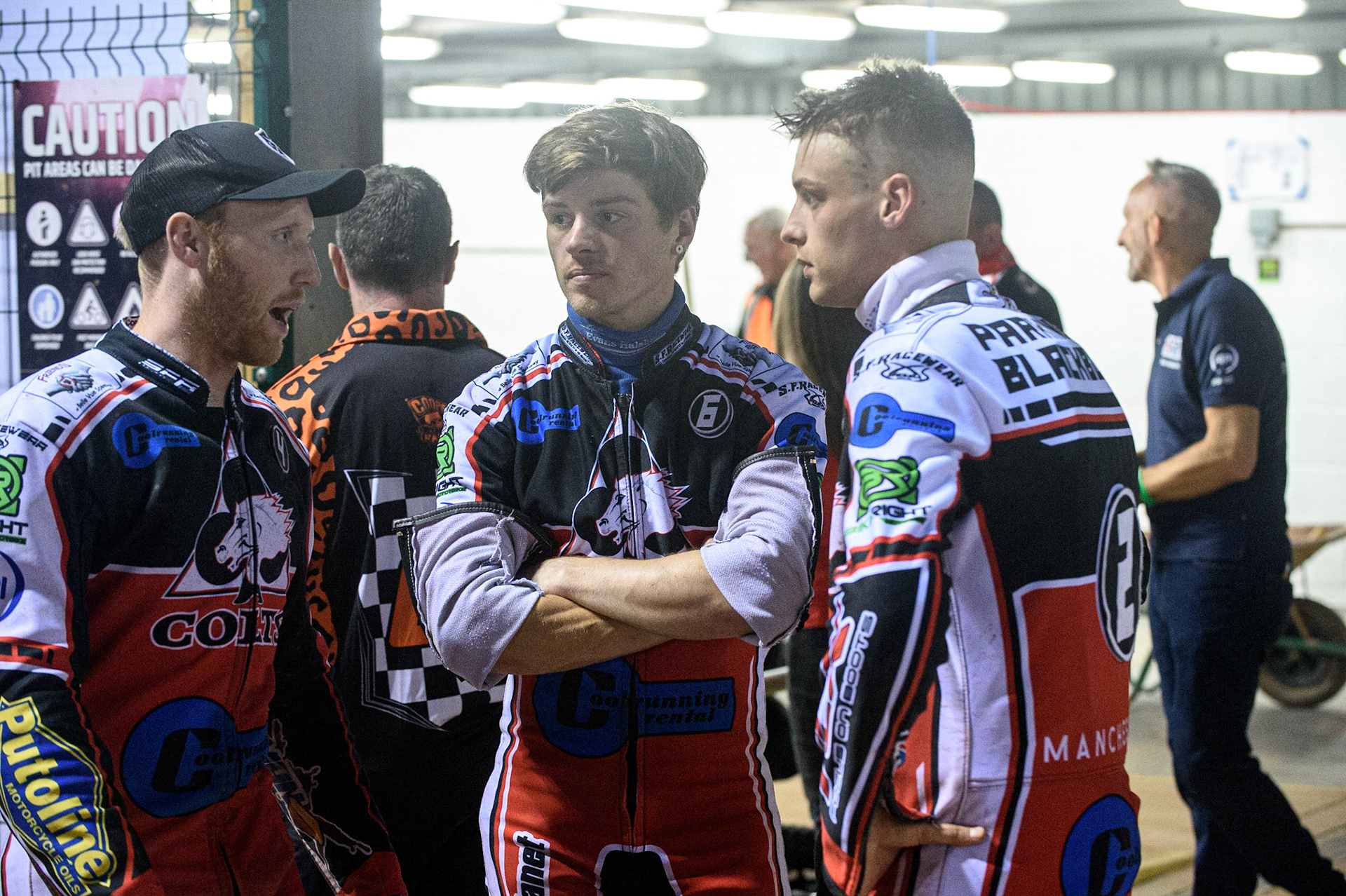 MANCHESTER, UK. AUGUST 20TH  (l-r) Belle Vue Cool Running Colts  Paul Bowen , Connor Coles  and Jack Parkinson-Blackburn  in conversationduring the National Development League match between Belle Vue Aces and Armadale Devils at the National Speedway Stadium, Manchester on Friday 20th August 2021. (Credit: Ian Charles | MI News)