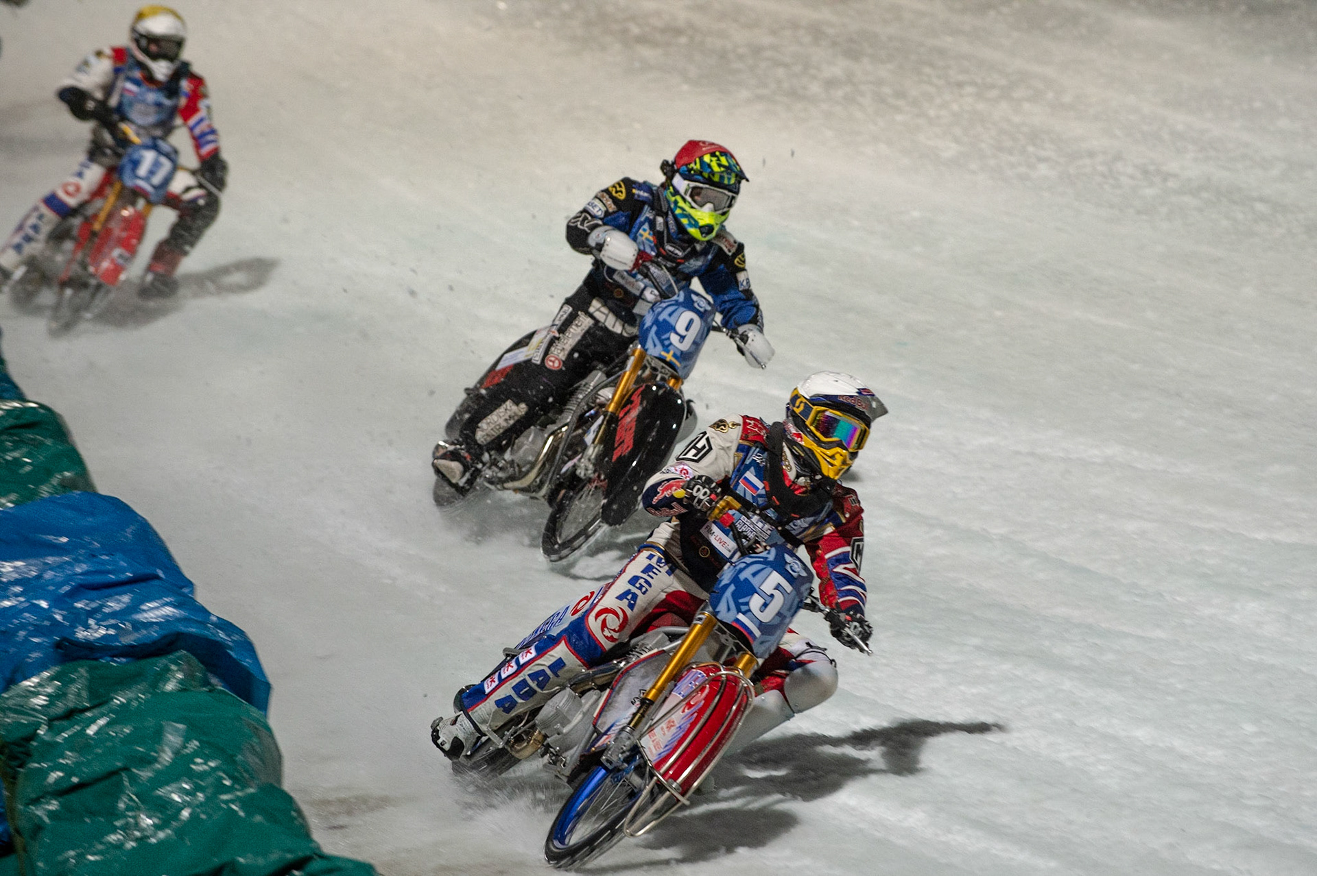 BERLIN GERMANY  - February 29  Daniil Ivanov (White) leads Martin Haarahiltunen (Red) and Igor Kononov (Yellow)  during theIce Speedway of Nations (Day 1) at the Horst-Dohm-Eisstadion, Berlin,  on Saturday 29 February 2020. (Credit: Ian Charles | MI News)