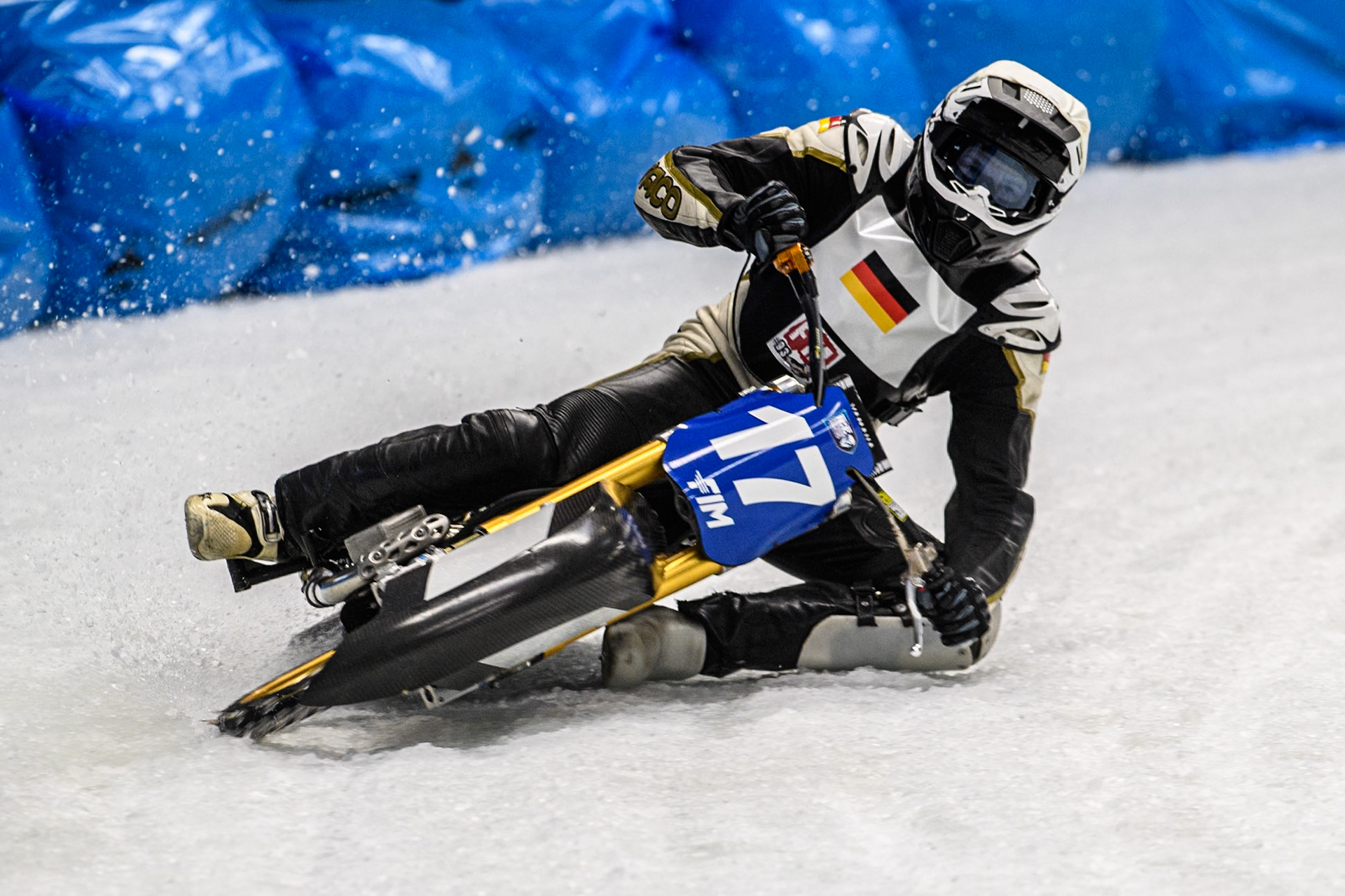 Reserve Franz Mayerbüchler (17) of Germany in action during the Ice Speedway Gladiators World Championship Final 2 at Max-Aicher-Arena, Inzell on Sunday 16th March 2025. (Photo: Ian Charles | MI News)