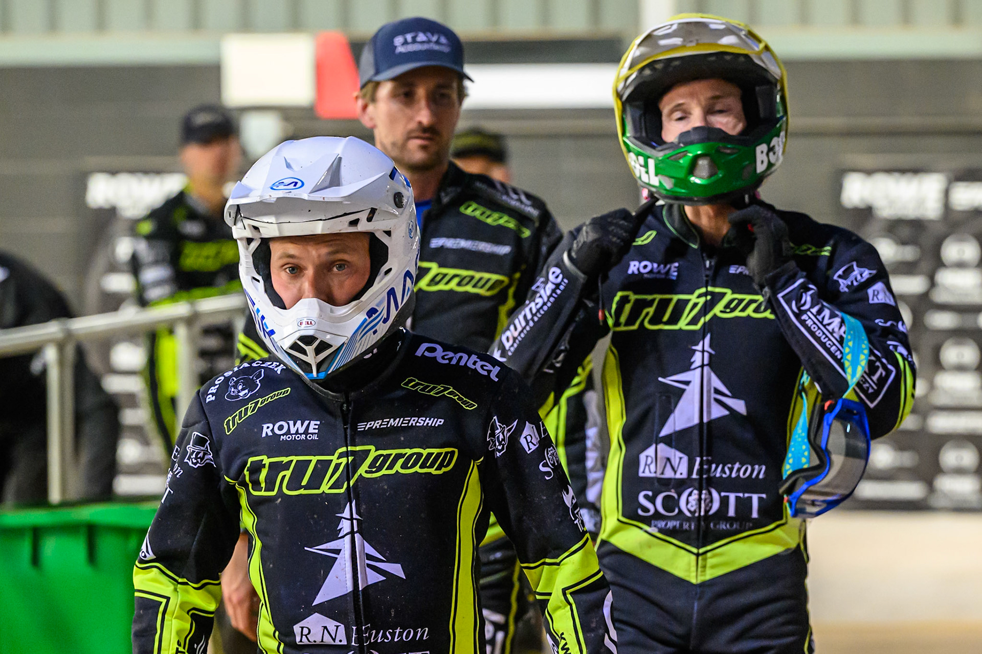 Emil Sayfutdinov of Ipswich Witches  (Left) and Jason Doyle of Ipswich Witches  walk out of the pits for the final heat during the Rowe Motor Oil Premiership match between Belle Vue Aces and Ipswich Witches at the National Speedway Stadium, Manchester on Monday 4th August 2025. (Photo: Ian Charles | MI News)