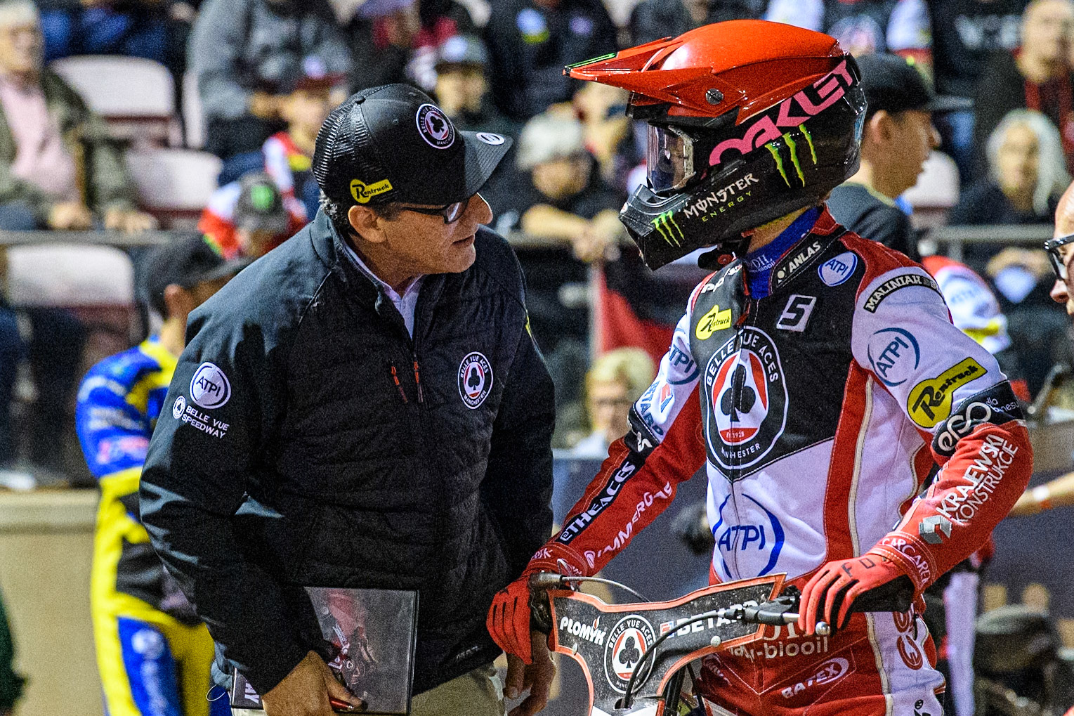 Belle Vue Aces' Team Manager Mark Lemon (Left) chats with Belle Vue Aces' Dan Bewley during the Rowe Motor Oil Premiership Play Off Semi Final 2, 1st Leg match between Belle Vue Aces and Sheffield Tigers at the National Speedway Stadium, Manchester on Monday 16th September 2024. (Photo: Ian Charles | MI News)