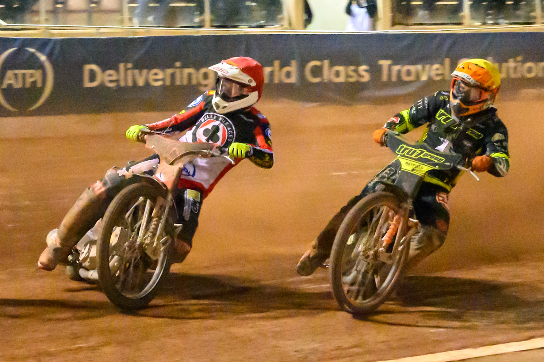 Peter Kildemand of Belle Vue Aces in Red leading Kevin Juul Pedersen of Ipswich Witches in Yellow during the Rowe Motor Oil Premiership Play Off Semi Final 2nd leg match between Belle Vue Aces and Ipswich Witches at the National Speedway Stadium, Manchester on Monday 28th September 2026. (Photo: Ian Charles | MI News)