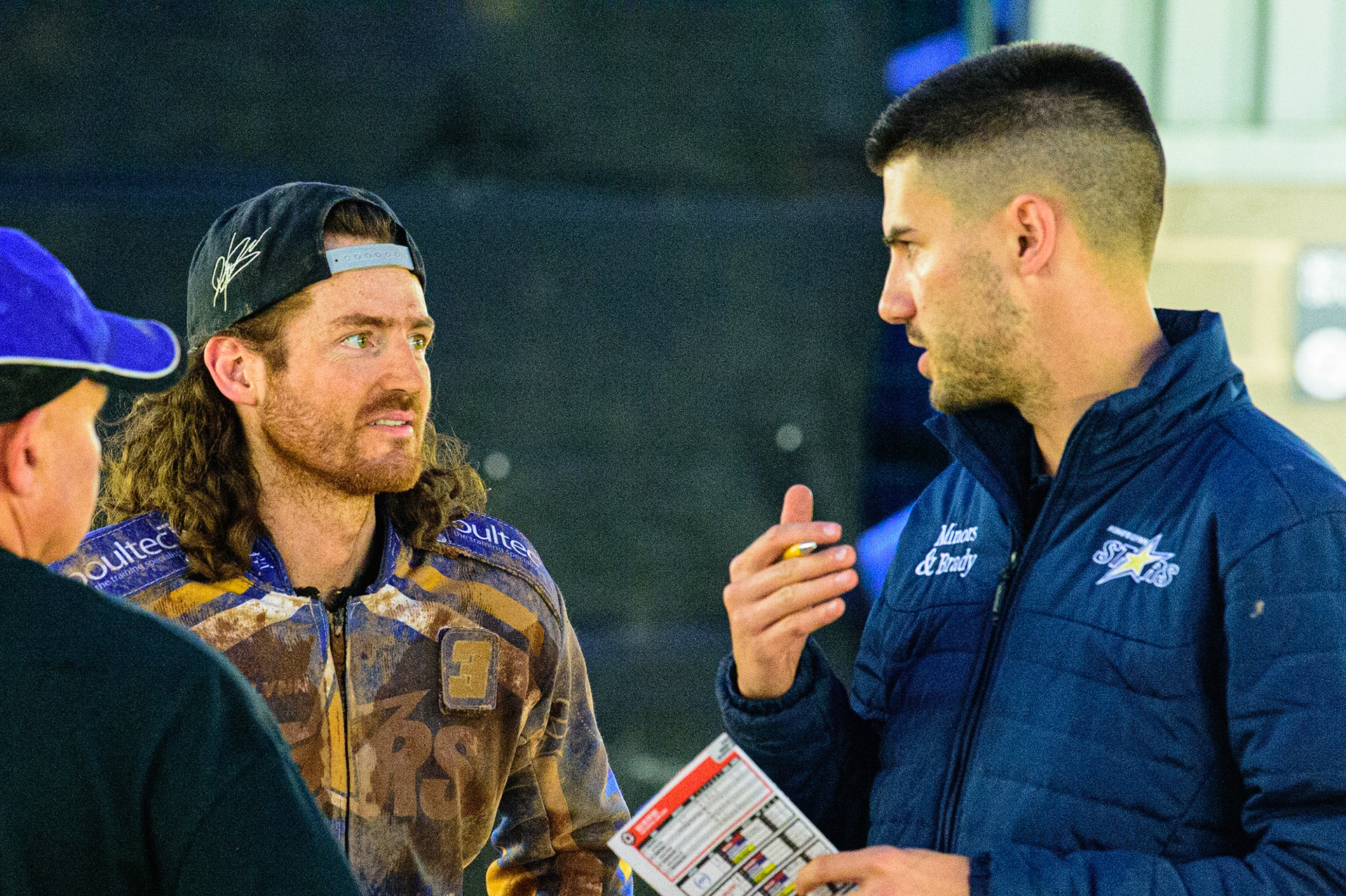 MANCHESTER, UK. MAY 16TH Alex Brady  (right)chats with Richard Lawson  during the SGB Premiership match between Belle Vue Aces and King's Lynn Stars at the National Speedway Stadium, Manchester on Monday 16th May 2022. (Credit: Ian Charles | MI News)