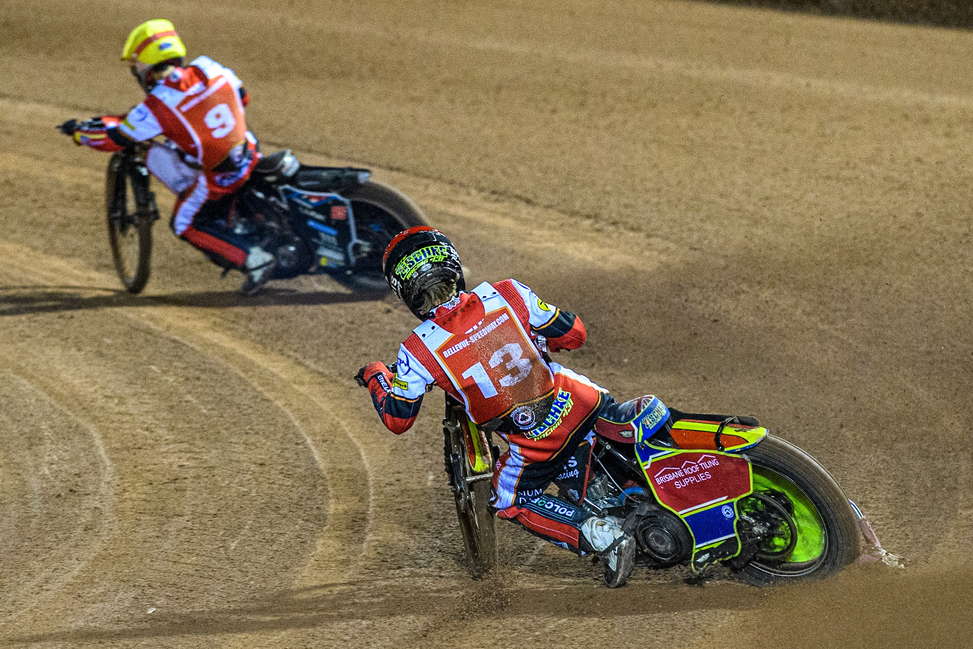 Tate Zischke in Red chases Zach Cook in Yellow during the Peter Craven Memorial Trophy at the National Speedway Stadium, Manchester on Monday 17th March 2025. (Photo: Ian Charles | MI News)