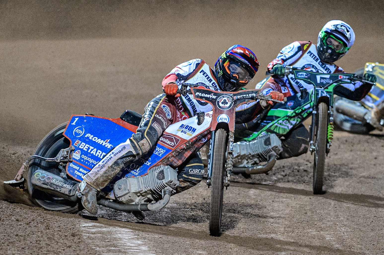 Dan Bewley  (Blue) leads Charles Wright  (White) during the Peter Craven Memorial Trophy  at the National Speedway Stadium, Manchester on Monday 3rd April 2023. (Photo: Ian Charles | MI News)