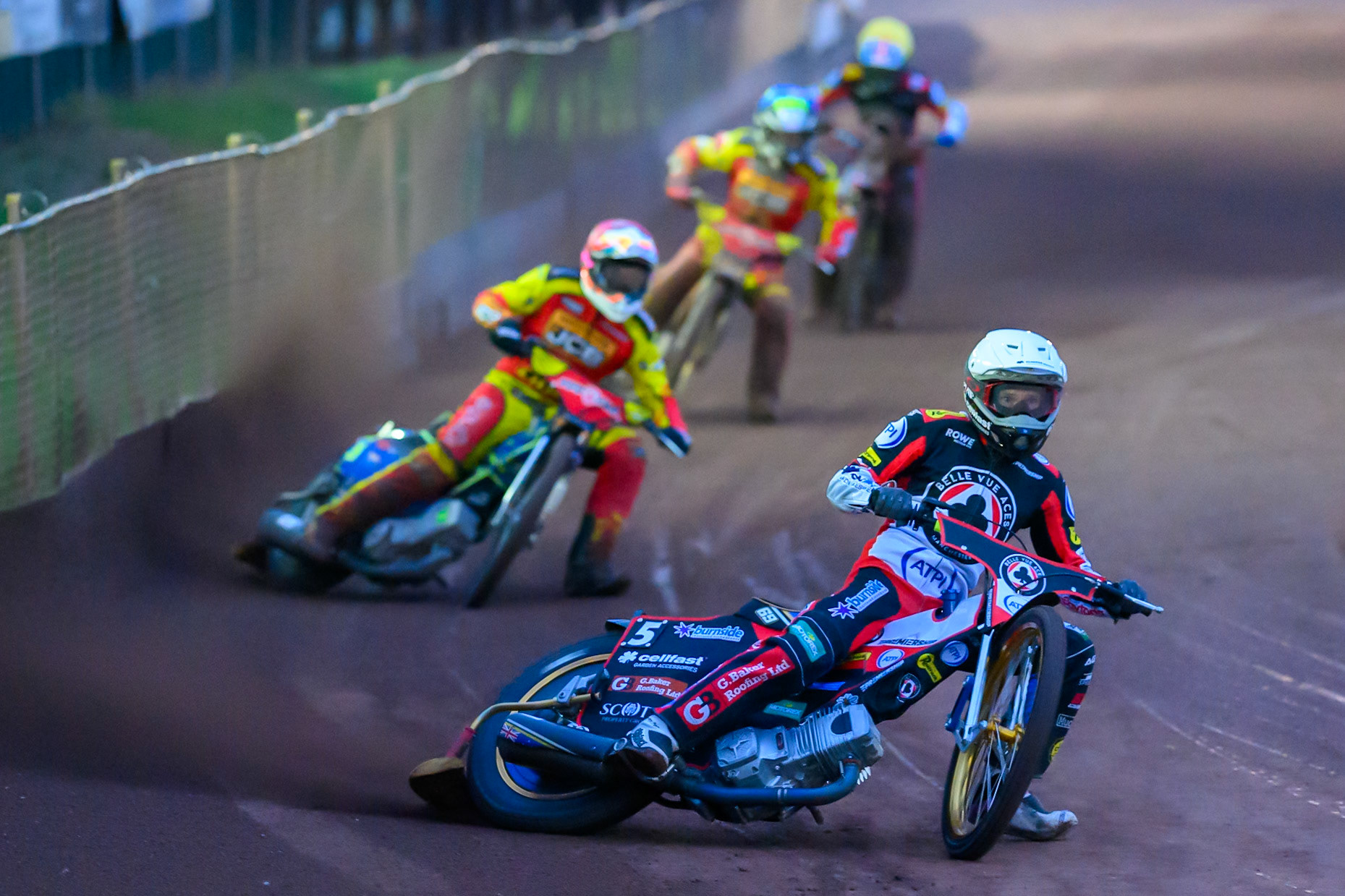 Jason Doyle of Belle Vue Aces  in White leading Nick Morris of Leicester Lions in Red, Joe Thompson of Leicester Lions in Blue and Will Cairns of Belle Vue Aces  in Yellow  during the Rowe Motor Oil Premiership match between Leicester Lions and Belle Vue Aces at the Hydroscan Arena, Leicester on Monday 7th September 2026. (Photo: Ian Charles | MI News)