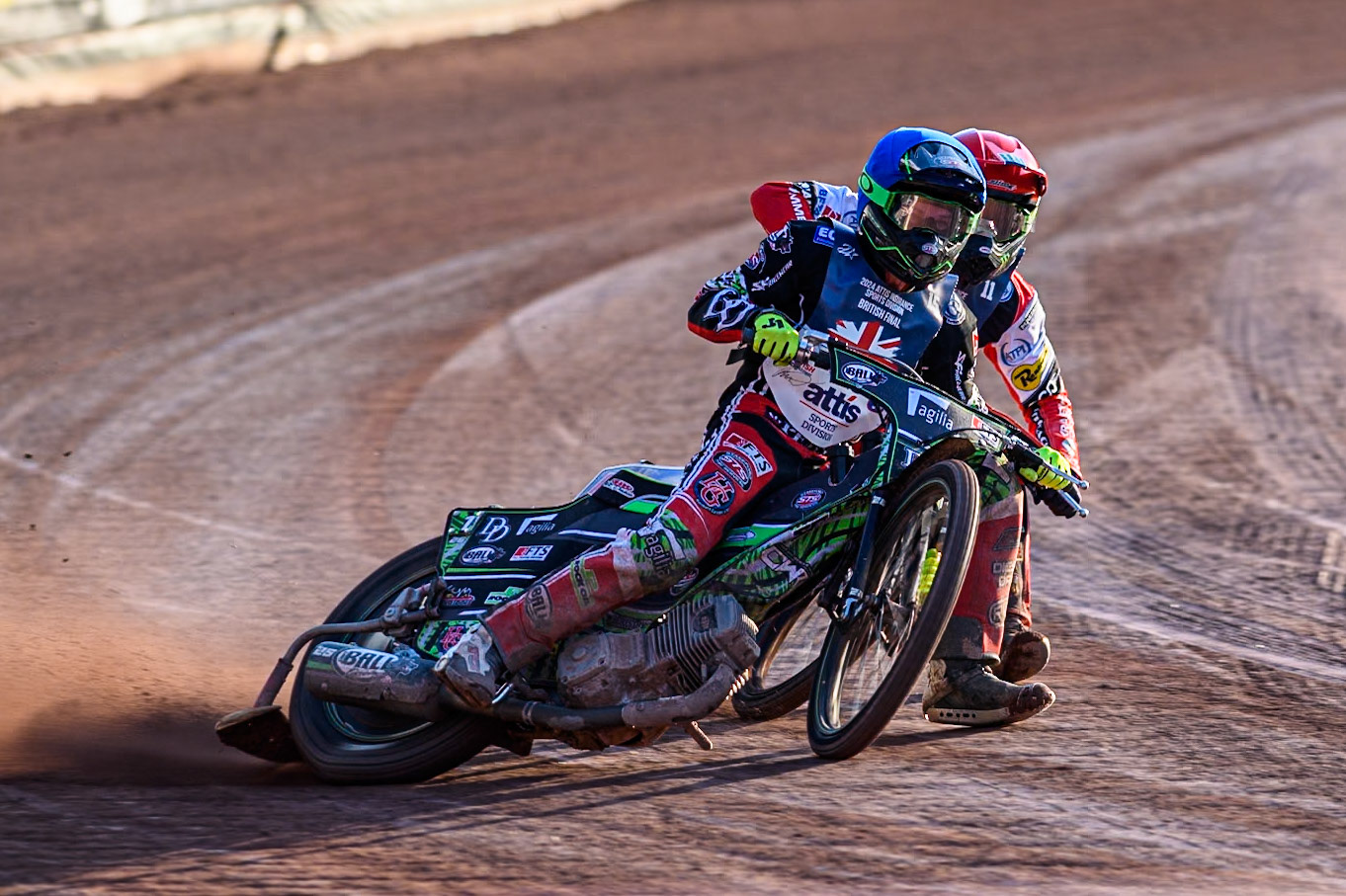 Charles Wright in Blue leading Chris Harris in Red during the Attis Insurance Sports Division British Speedway Championship Final at the National Speedway Stadium, Manchester on Saturday 8th June 2024. (Photo: Ian Charles | MI News)