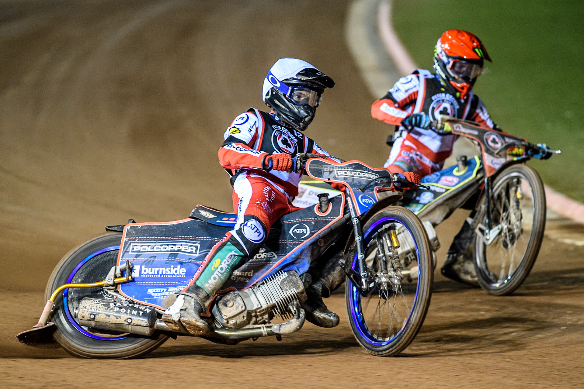 Australia's Brady Kurtz (White) outside Australia's Jaimon Lidsey (Red) during the Peter Craven Memorial Trophy meeting at the National Speedway Stadium, Manchester on Monday 18th March 2024. (Photo: Ian Charles | MI News)