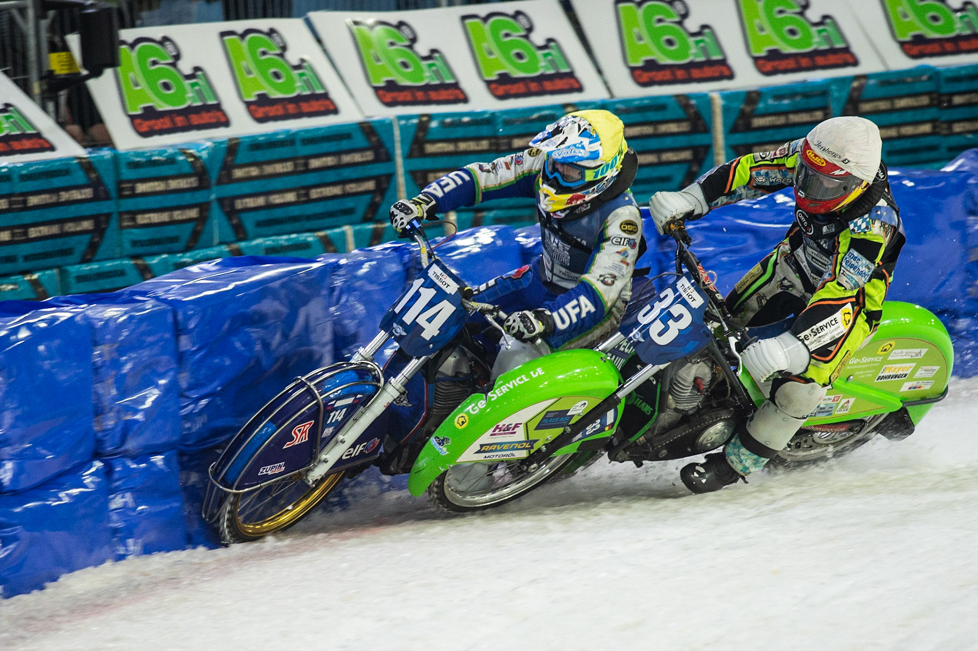 Photo: Ian Charles

Johann Weber (33) and Dinar Valeev (114) lock together and crash out 

FIM Ice Speedway Gladiators World Championship, Event 5.1, Ice Rink Thialf, Heerenveen, Netherlands Saturday  30  March  2019