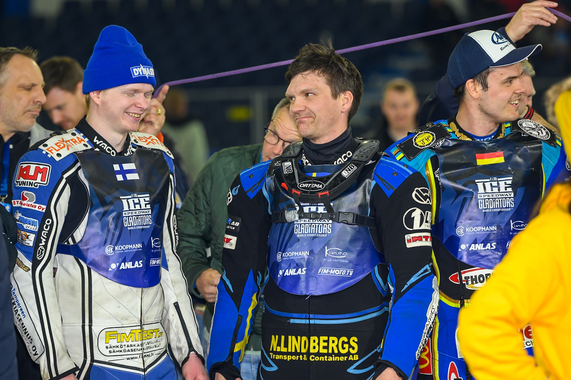 Max Koivula (24) of Finland (Left) shares a joke with Niclas Svensson (192) of Sweden  during the FIM Ice Speedway Gladiators World Championship Final 3 at Ice Rink Thialf, Heerenveen on Saturday 11th April 2026. (Photo: Ian Charles | MI News)