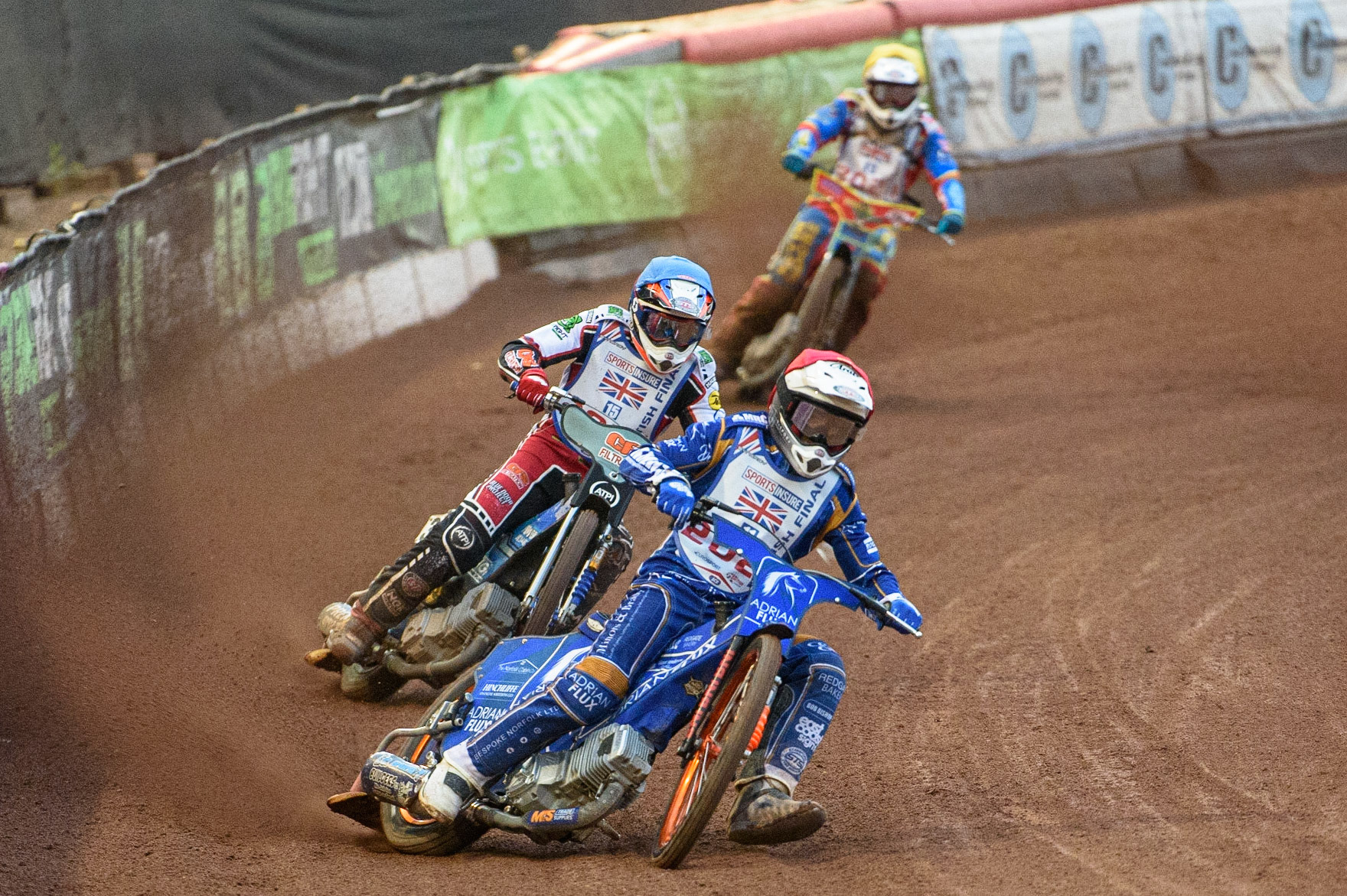 MANCHESTER, UK. AUGUST 16TH   Lewis Kerr  (Red) leads Steve Worrall  (Blue) and Simon Lambert  (Yellow) during the Sports Insure British Speedway Finals at the National Speedway Stadium, Manchester on Monday 16th August 2021. (Credit: Ian Charles | MI News)
