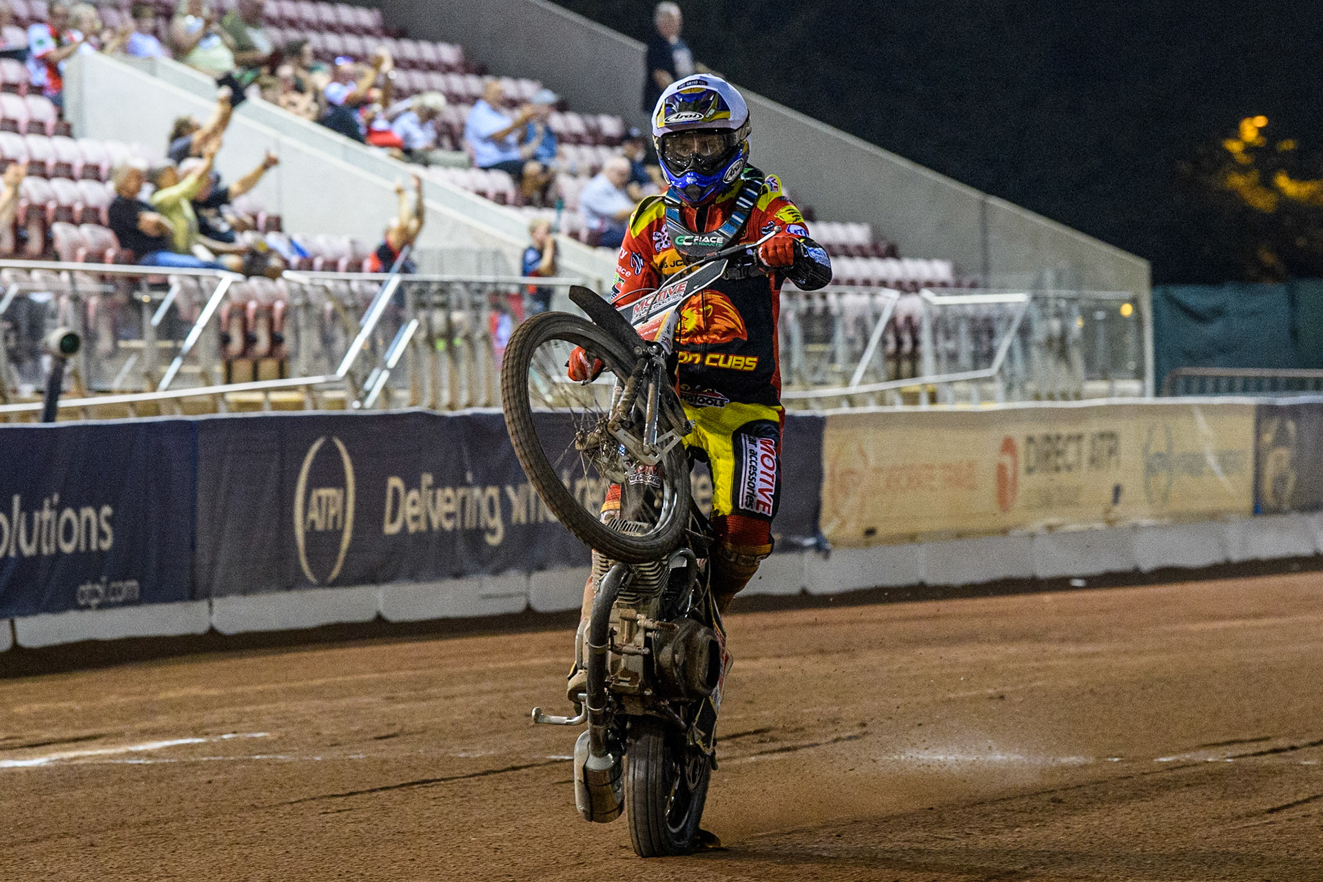 Tom Spencer celebrates with a wheelie during the National Development League match between Belle Vue Colts and Leicester Lion Cubs at the National Speedway Stadium, Manchester on Friday 8th September 2023. (Photo: Ian Charles | MI News)