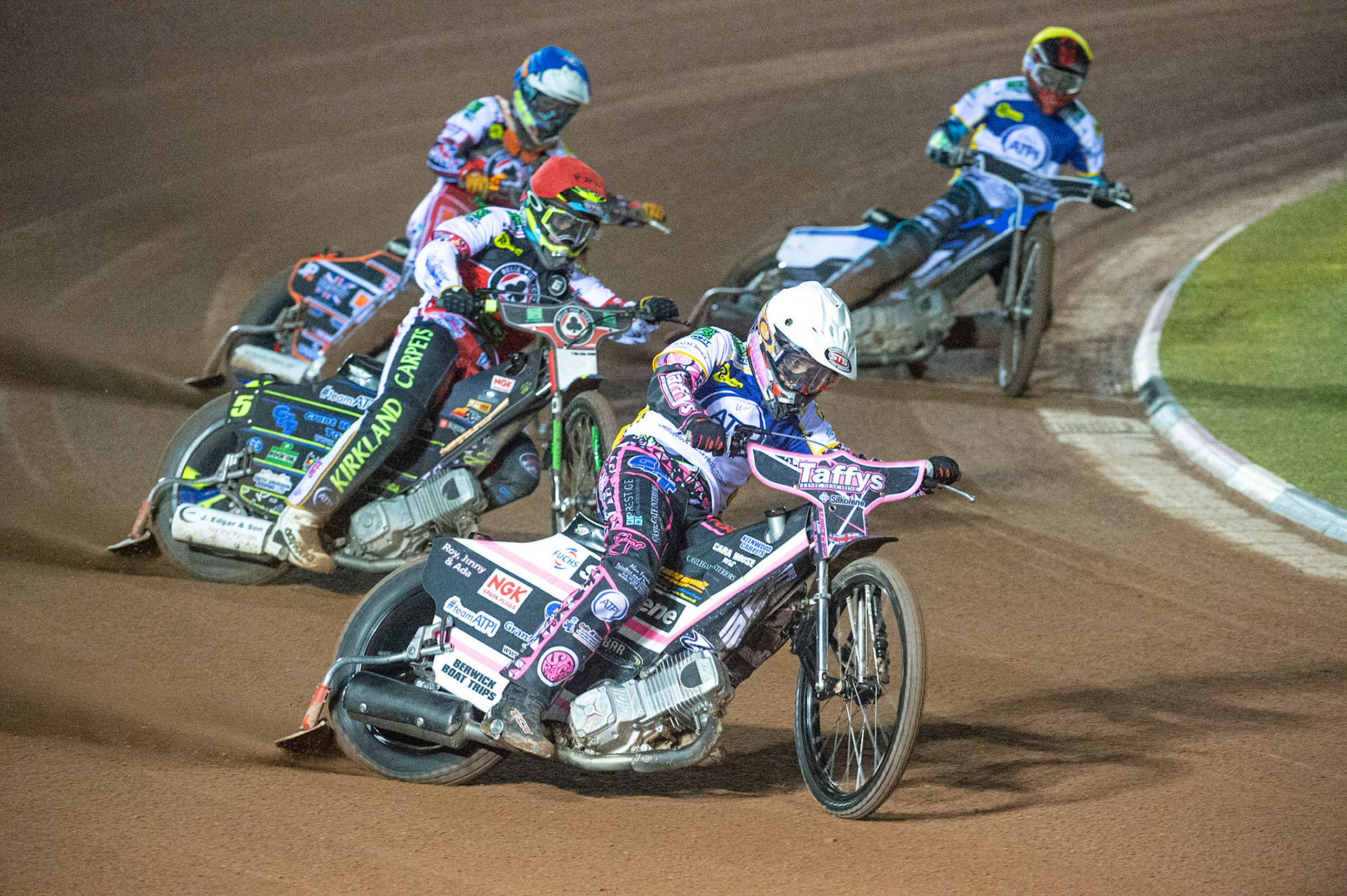 Photo: Ian CharlesLeon Flint of the 'ATPI' All Stars (White) leads Jordan Palin of Belle Vue 'BikeRight' Aces (Blue), Kyle Bickley of Belle Vue 'BikeRight' Aces (Red) and Josh MacDonald of the 'ATPI' All Stars (Yellow)Belle Vue ‘Bikerite ’Aces v ‘ATPI’ All Stars, Premiership Challenge, National Speedway Stadium, Manchester Thursday  24  September  2020