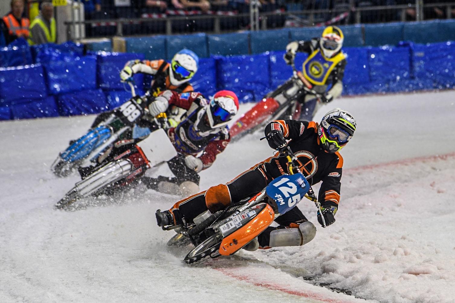 Sebastian Reitsma of The Netherlands in White leading Robin Häggström of Sweden in Red, Melwin Björklin of Sweden in Blue and David Lizák of The Czech Republic in Yellow during the Roelof Thijs Bokaal, Ice Rink Thialf, Heerenveen, Netherlands on Friday 4th April 2025. (Photo: Ian Charles | MI News)