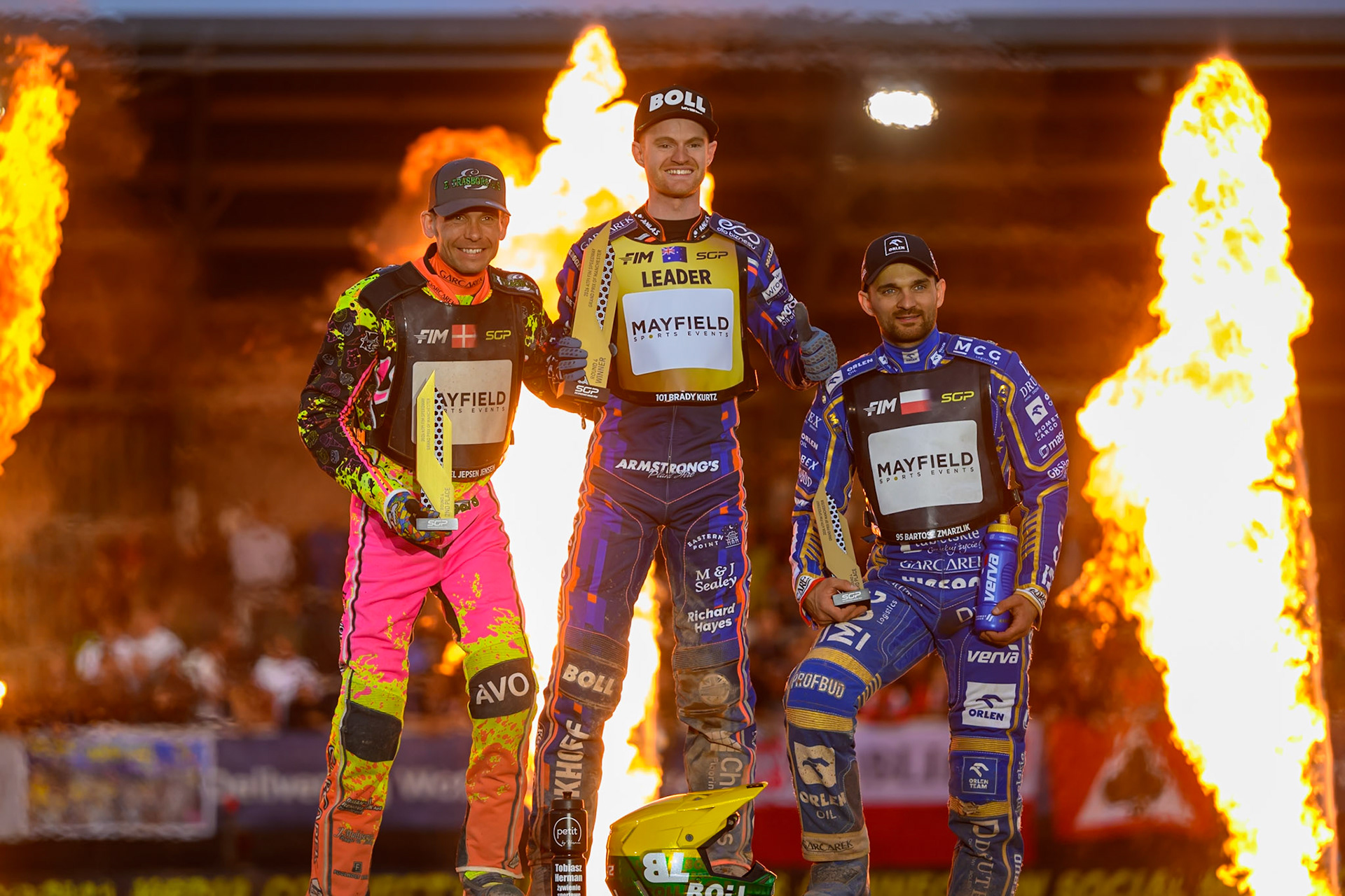 (L to R): Michael Jepsen Jensen (2nd), Brady Kurtz (Winner), Bartosz Zmarzlik (3rd)  during the ATPI  FIM Speedway GP of Manchester at the National Speedway Stadium, Manchester on Saturday 6th June 2026. (Photo: Ian Charles | MI News)