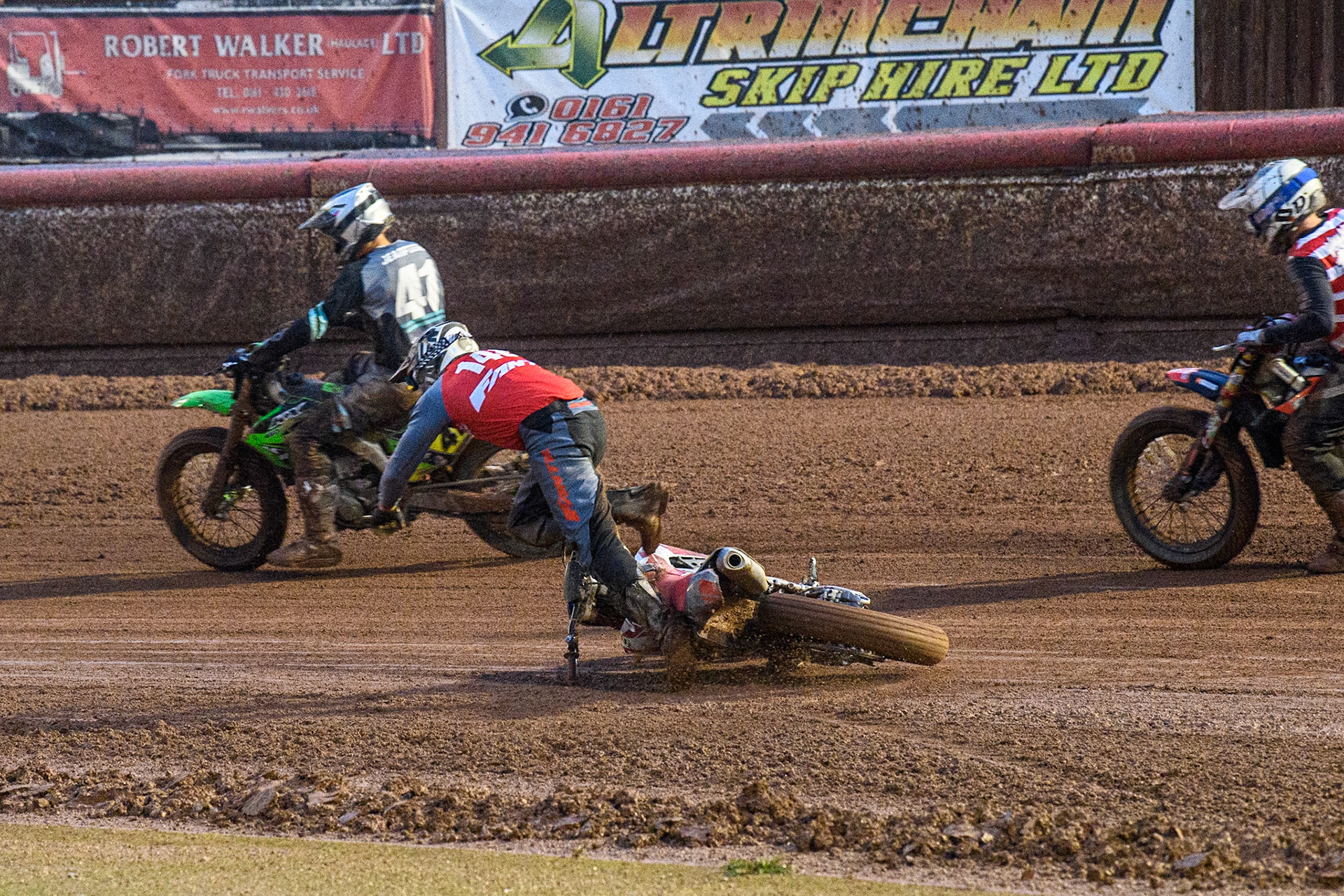 Vittorio Emanuele Marzotto (148) from Italy spins out and falls during the FIM World Flat Track Championship Round 1 at the National Speedway Stadium, Manchester on Saturday 5th August 2023. (Photo: Ian Charles | MI News)