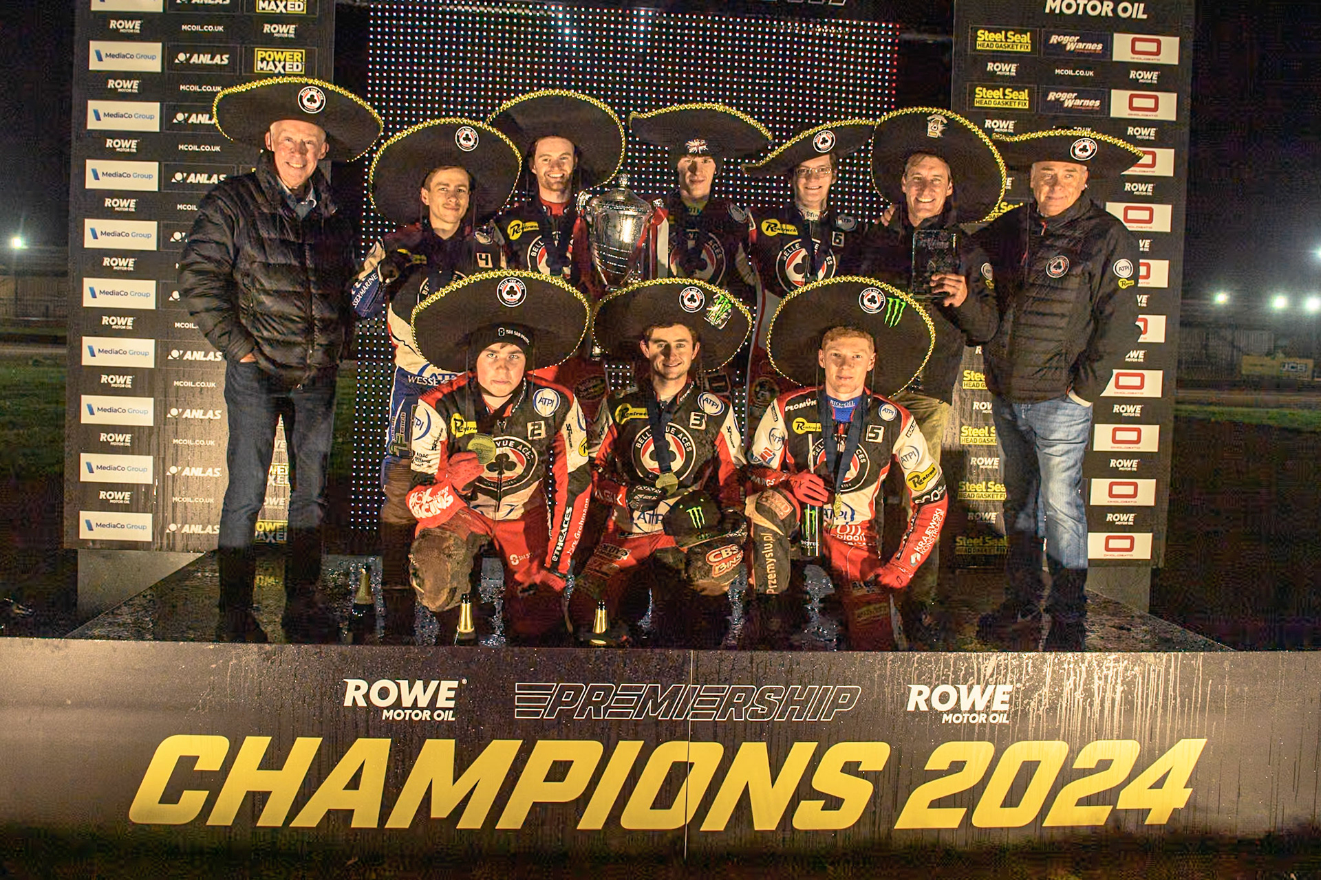 Belle Vue ATPI Aces league champions during the Rowe Motor Oil Premiership Grand Final 2nd Leg between Leicester Lions and Belle Vue Aces at the Pidcock Motorcycles Arena, Leicester on Thursday 26th September 2024. (Photo: Ian Charles | MI News)