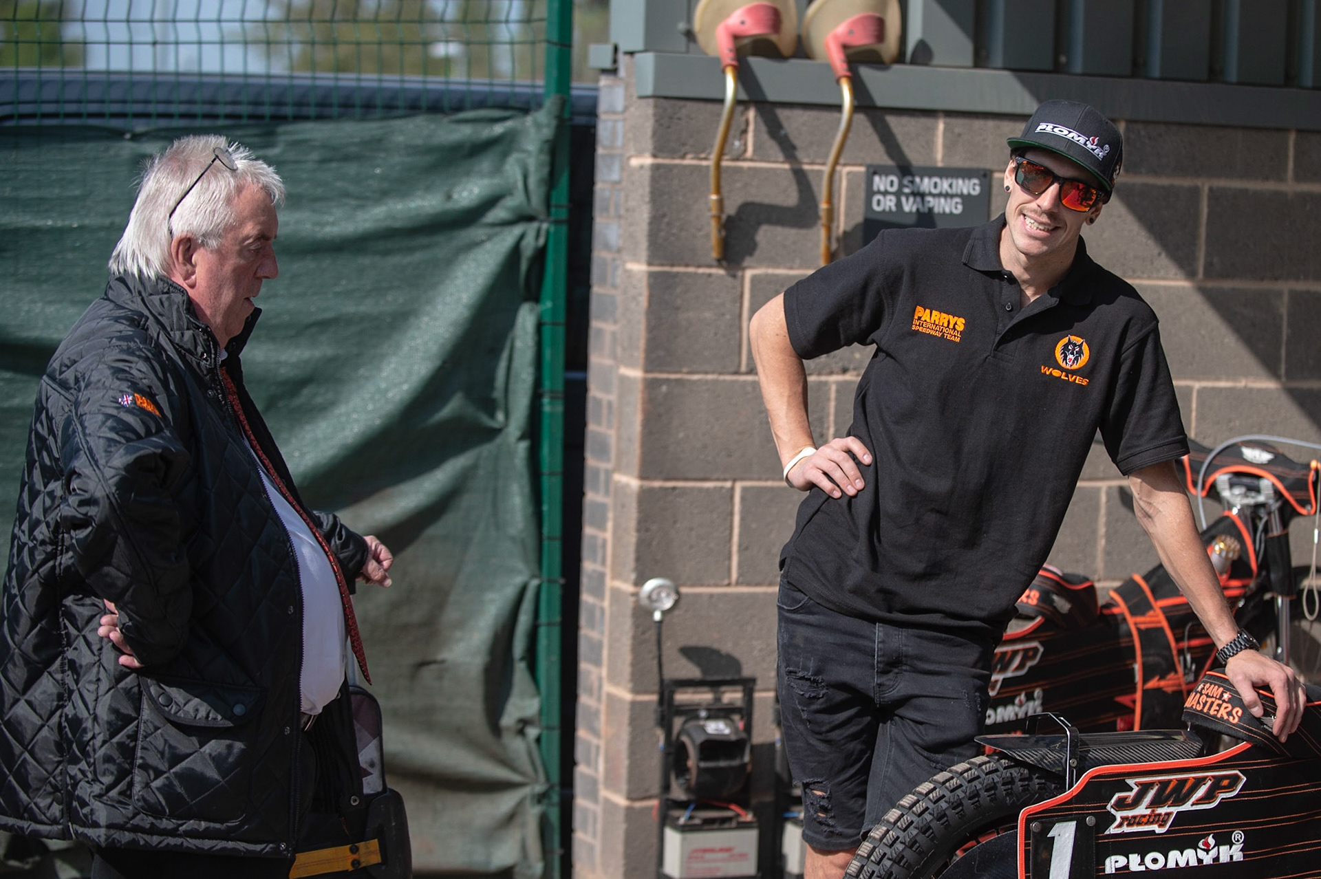 Photo by Ian Charles:

Peter Adams (left) with Sam Masters  

Belle Vue Aces v Wolverhampton Wolves, National Speedway Stadium, Manchester, Monday, 22, April, 2019
