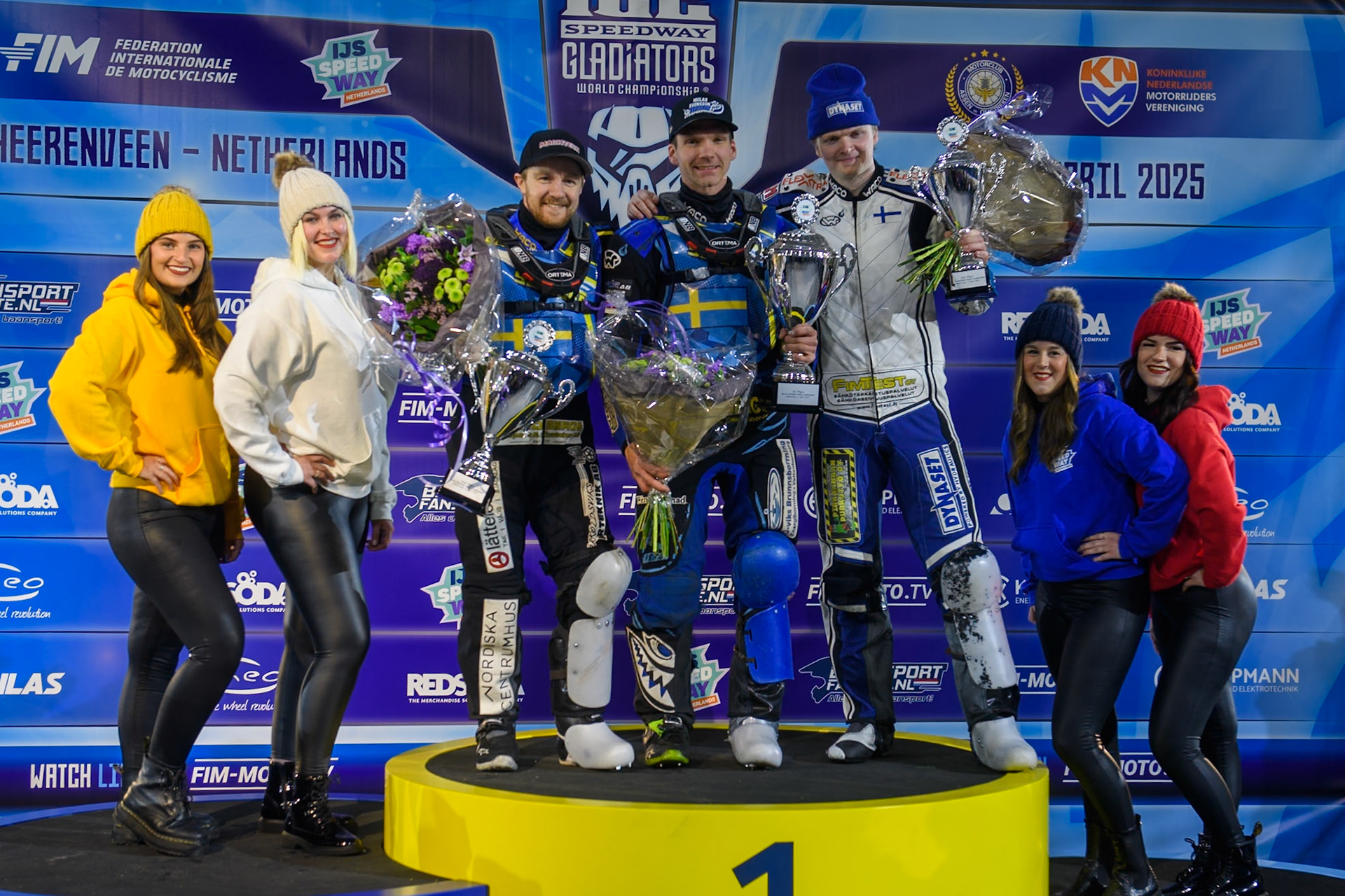 Saturday’s top 3: (L to R) Martin Haarahiltunen (2nd), Niclas Svensson (Winner), Max Koivula (3rd) during the FIM Ice Speedway Gladiators World Championship, Final 3 at the Ice Stadium, Thialf, Heerenveen on Saturday 5th April 2025. (Photo: Ian Charles | MI News)