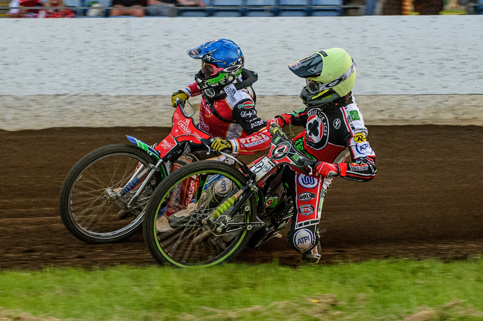 PETERBOROUGH, UK. JULY 19TH   Charles Wright  (Yellow) chases Hans Andersen (Blue) to help the Aces to a Maximum Points heat win during the SGB Premiership match between Peterborough and Belle Vue Aces at East of England Showground, Peterborough on Monday 19th July 2021. (Credit: Ian Charles | MI News)