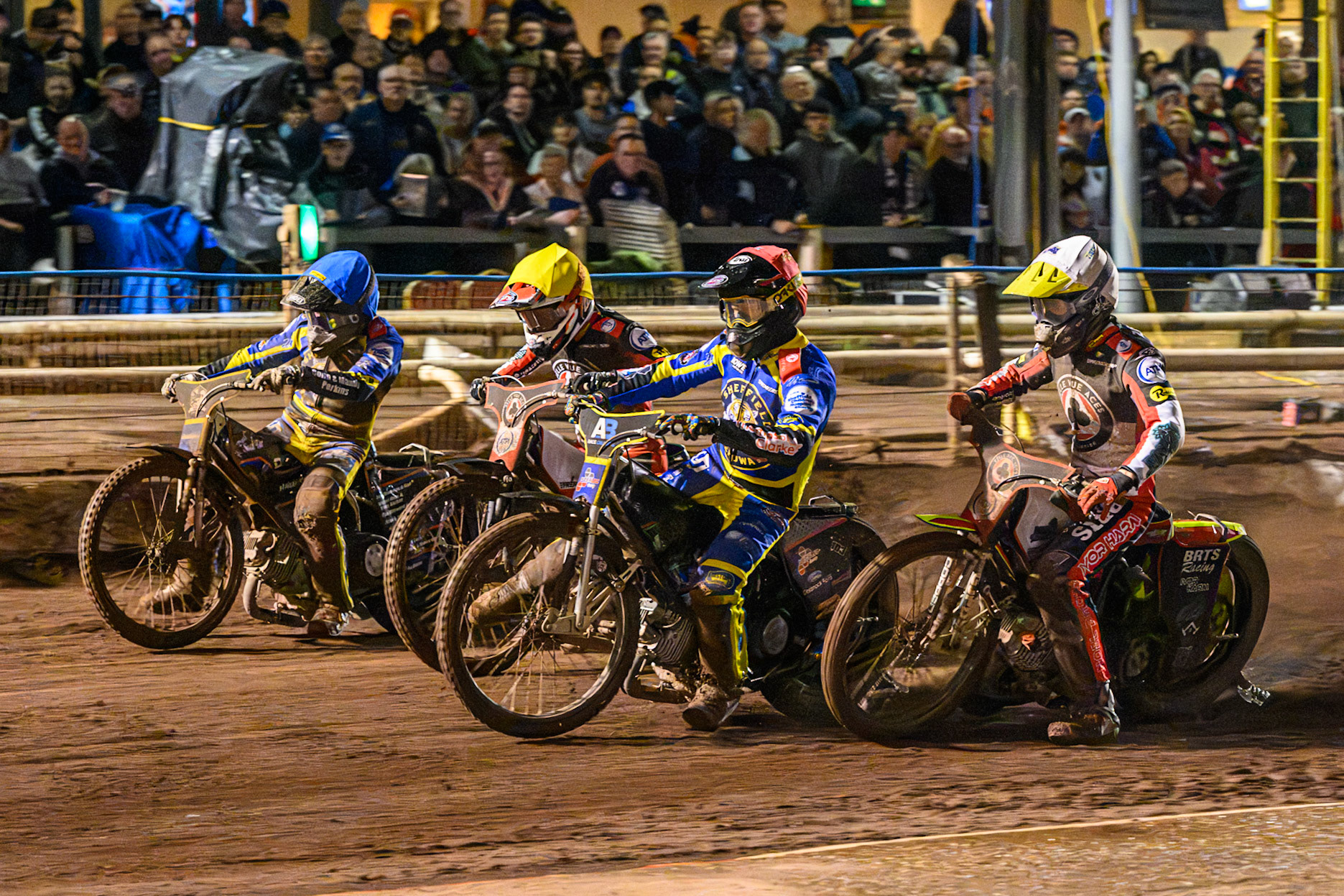 Josh Pickering of Sheffield Tigers in Red leading Tate Zischke of Belle Vue Aces in White , Zach Cook of Belle Vue Aces in Yellow  and Luke Killeen of Sheffield Tigers in Blue during the Rowe Motor Oil Premiership Grand Final 1st Leg match between Sheffield Tigers and Belle Vue Aces at Owlerton Stadium, Sheffield on Monday 12th October 2026. (Photo: Ian Charles | MI News)