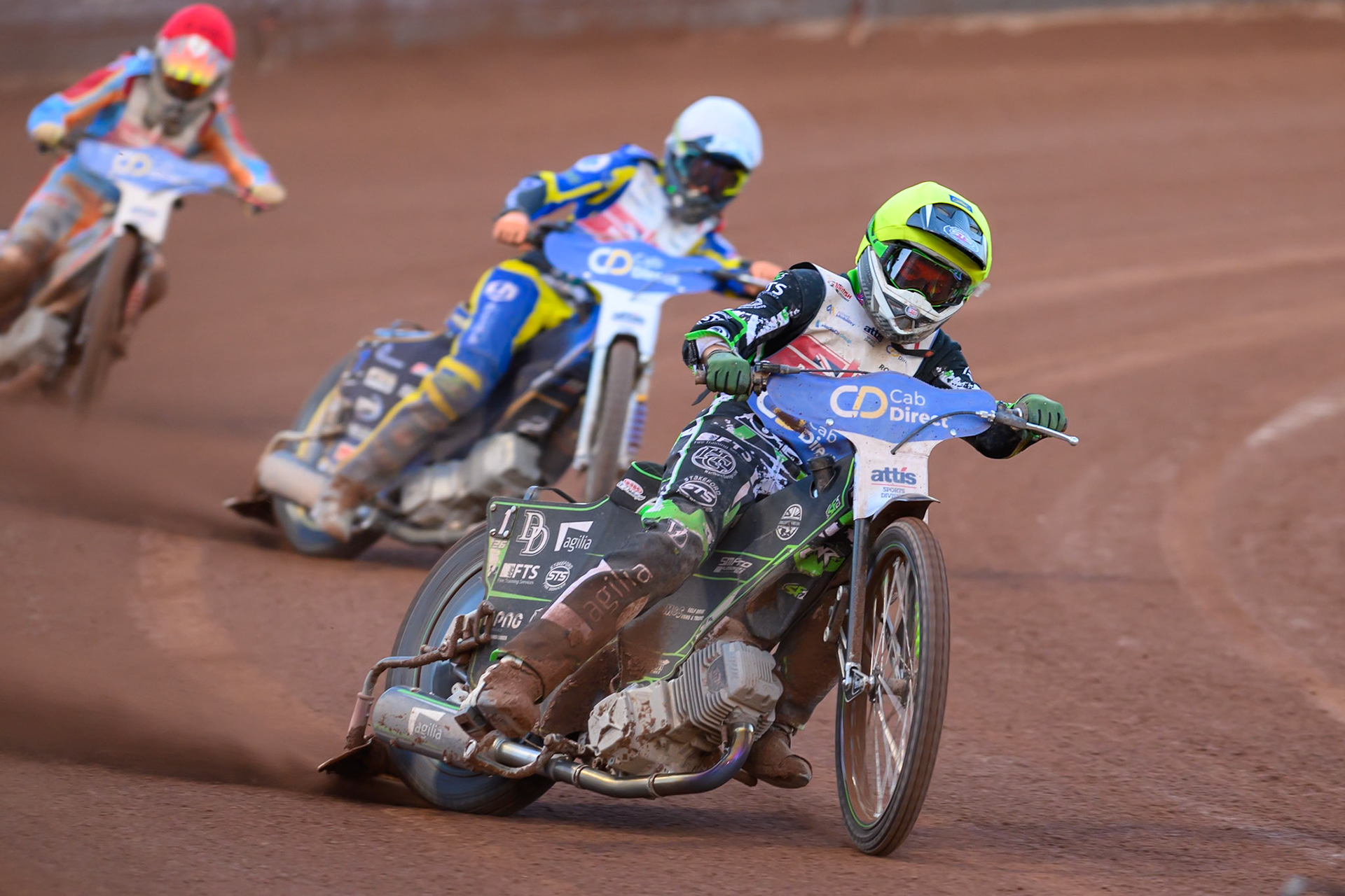 Charles Wright (11) in Yellow leading Anders Rowe (1) in White  and Drew Kemp (6) in Red during the Cab Direct British Speedway Championship Final at the National Speedway Stadium, Manchester on Saturday 15th August 2026. (Photo: Ian Charles | MI News)