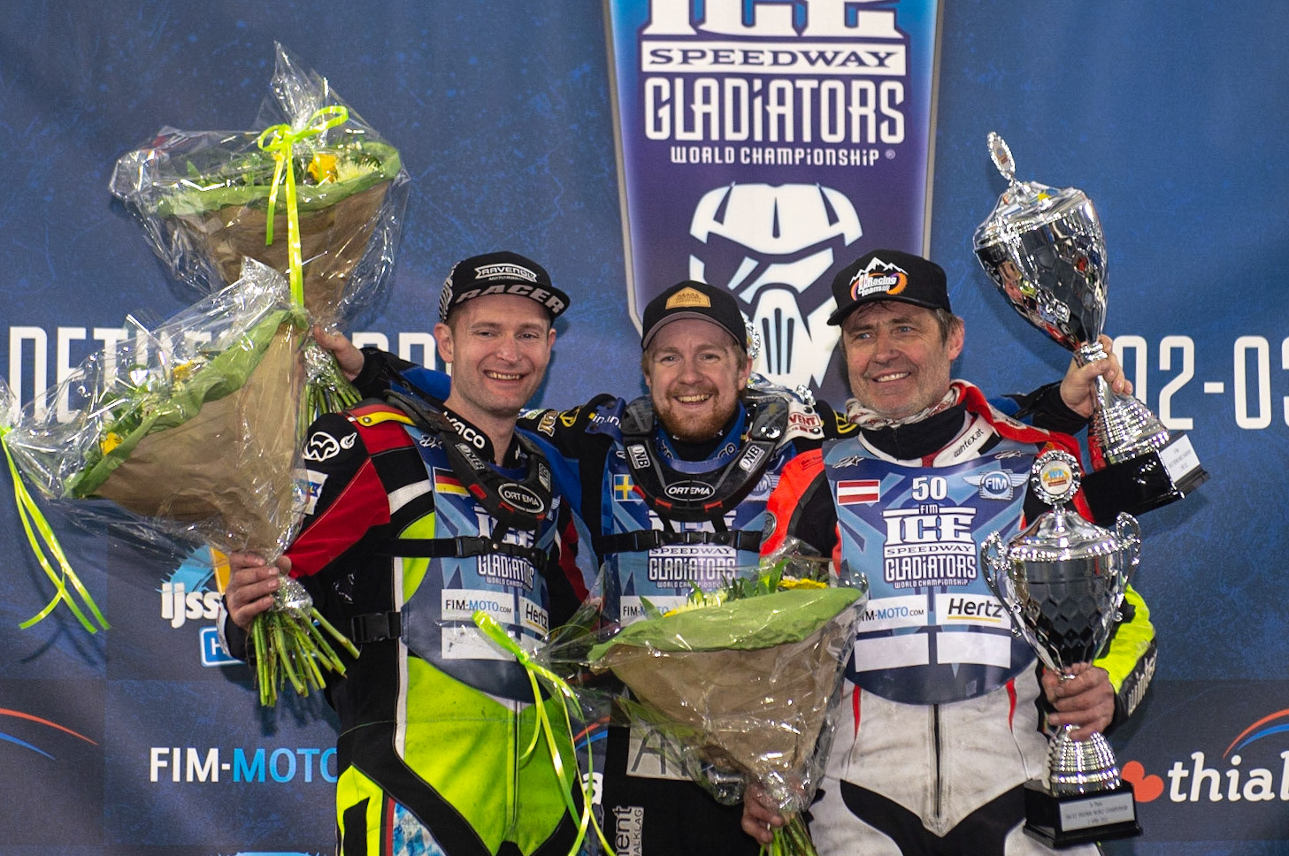 HEERENVEEN, NL. Final 3 Top 3: (l-r) Johann Weber (33)  (2nd), Martin Hååruhiltunen (199)  (Winner) Harald Simon (50) (3rd) during the FIM Ice Speedway Gladiators World Championship Final 3 at Ice Rink Thialf, Heerenveen on Saturday  2 April 2022. (Credit: Ian Charles | MI News)
