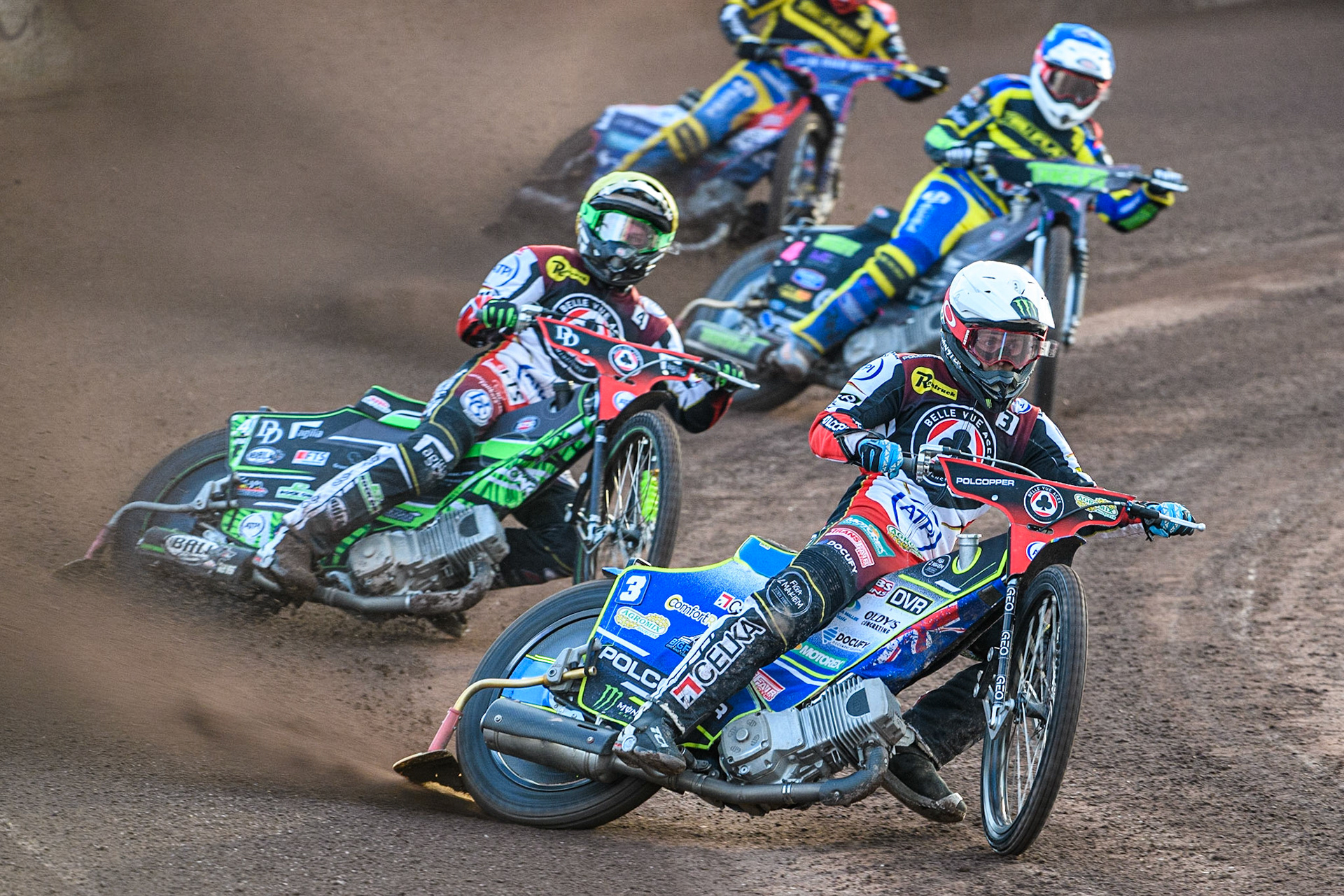 Jaimon Lidsey (White) leads team mate Charles Wright (Yellow) and Sheffield TruPlant Tigers’ Josh Pickering (Blue) during the Sports Insure Premiership match between Sheffield Tigers and Belle Vue Aces at Owlerton Stadium, Sheffield on Thursday 20th July 2023. (Photo: Ian Charles | MI News)