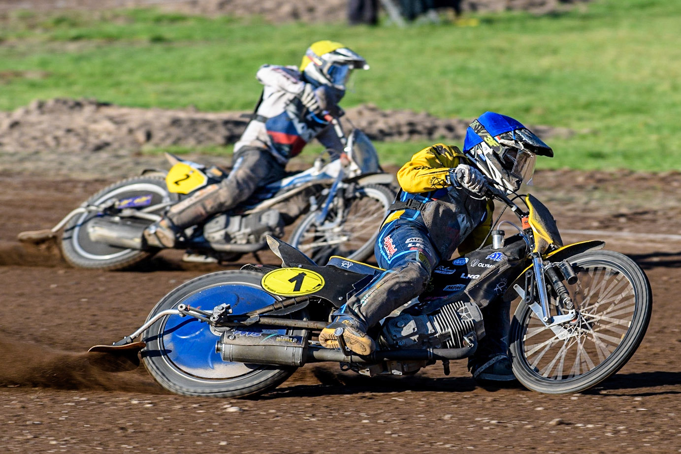 Josef Franc  (Blue) leads  team mate Hynek Stichauer (Yellow) during the FIM Long Track Of Nations event at the Speed Centre Roden on Sunday 24th September 2023. (Photo: Ian Charles | MI News)