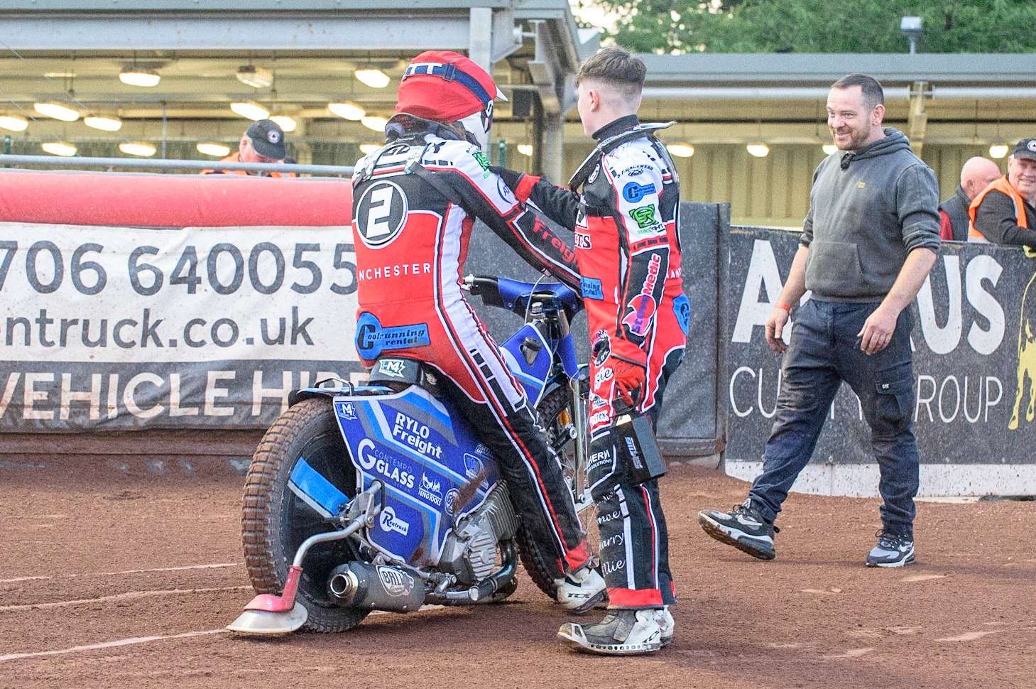 MANCHESTER, UK. JULY 29TH  Sam McGurk  congratulates his brother Harry after his heat win  during the National Development League match between Belle Vue Colts and Leicester Lion Cubs at the National Speedway Stadium, Manchester on Thursday 29th July 2021. (Credit: Ian Charles | MI News)