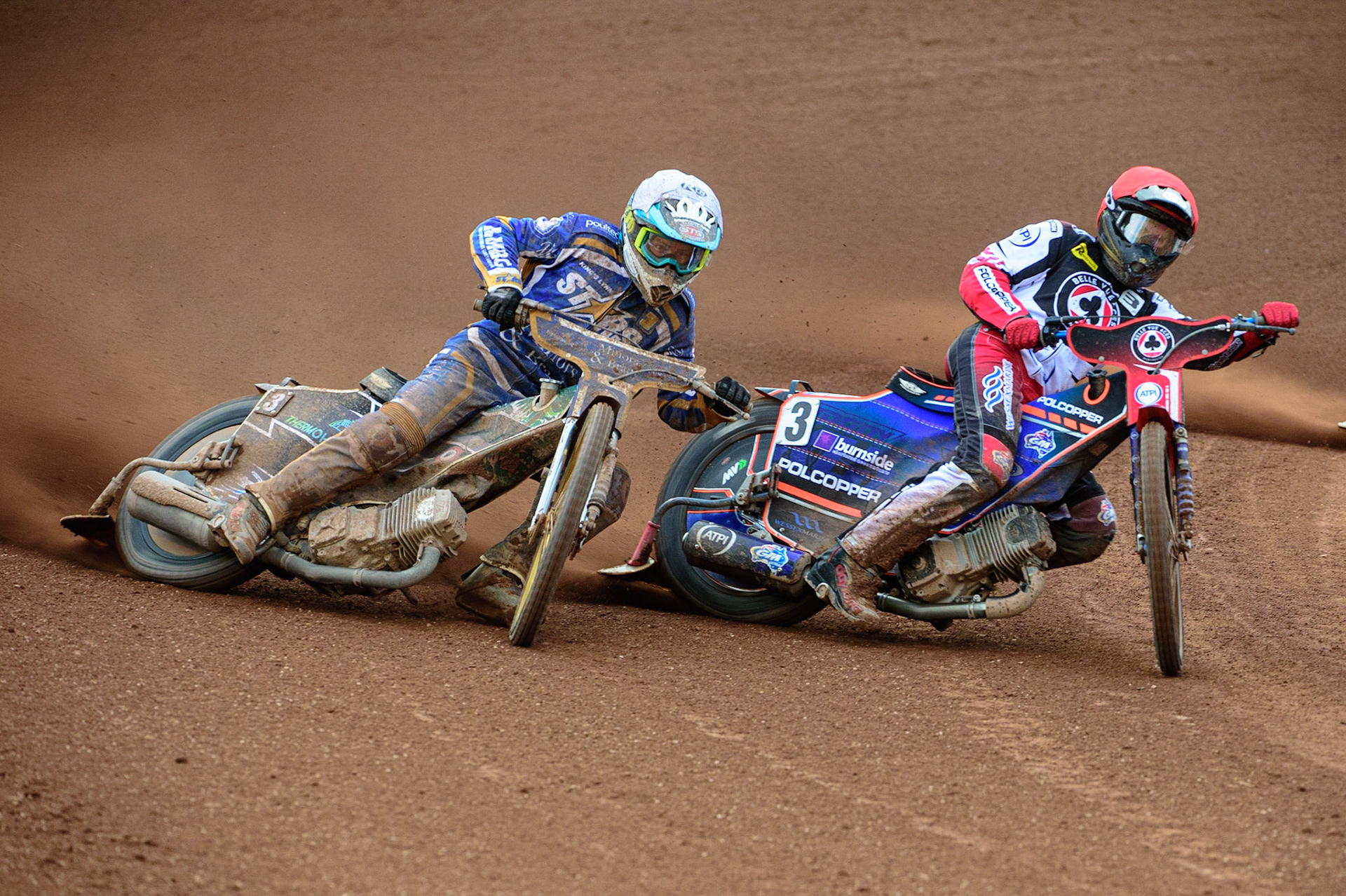 MANCHESTER UK Brady Kurtz  (Red) shoves Richard Lawson (White) out of the way  during the SGB Premiership match between Belle Vue Aces and King's Lynn Stars at the National Speedway Stadium, Manchester on Monday 11th July 2022. (Credit: Ian Charles | MI News)