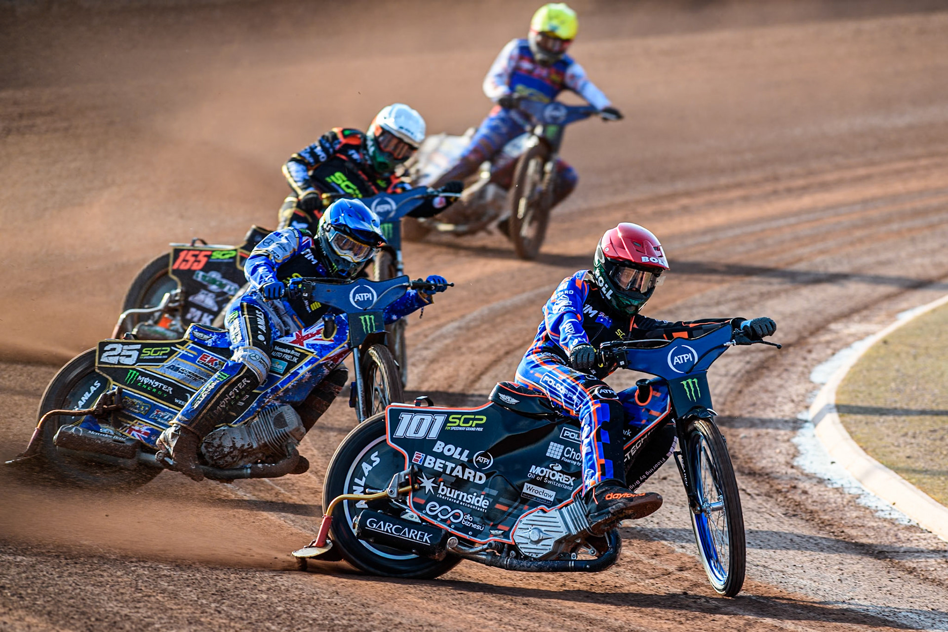 Brady Kurtz (101) of Australia in Red leading Jack Holder (25) of Australia in Blue, Mikkel Michelsen (155) of Denmark in White and Dan Bewley (99) of Great Britain in Yellow during the ATPI FIM Speedway Grand Prix Round 5 at the National Speedway Stadium, Manchester, on Saturday 14th June 2025. (Photo: Ian Charles | MI News)