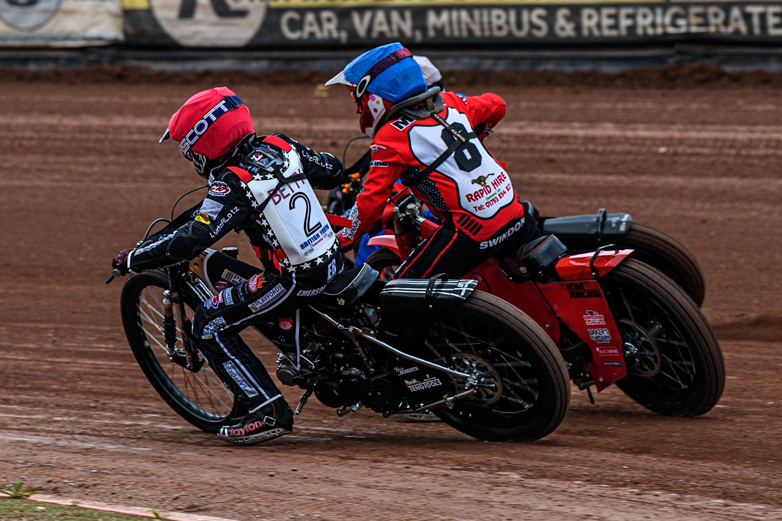 Emerson Betty (Red) inside (Blue) and Oliver Binns  (White) during the British Youth Championships at the National Speedway Stadium, Manchester on Friday 12th May 2023. (Photo: Ian Charles | MI News)