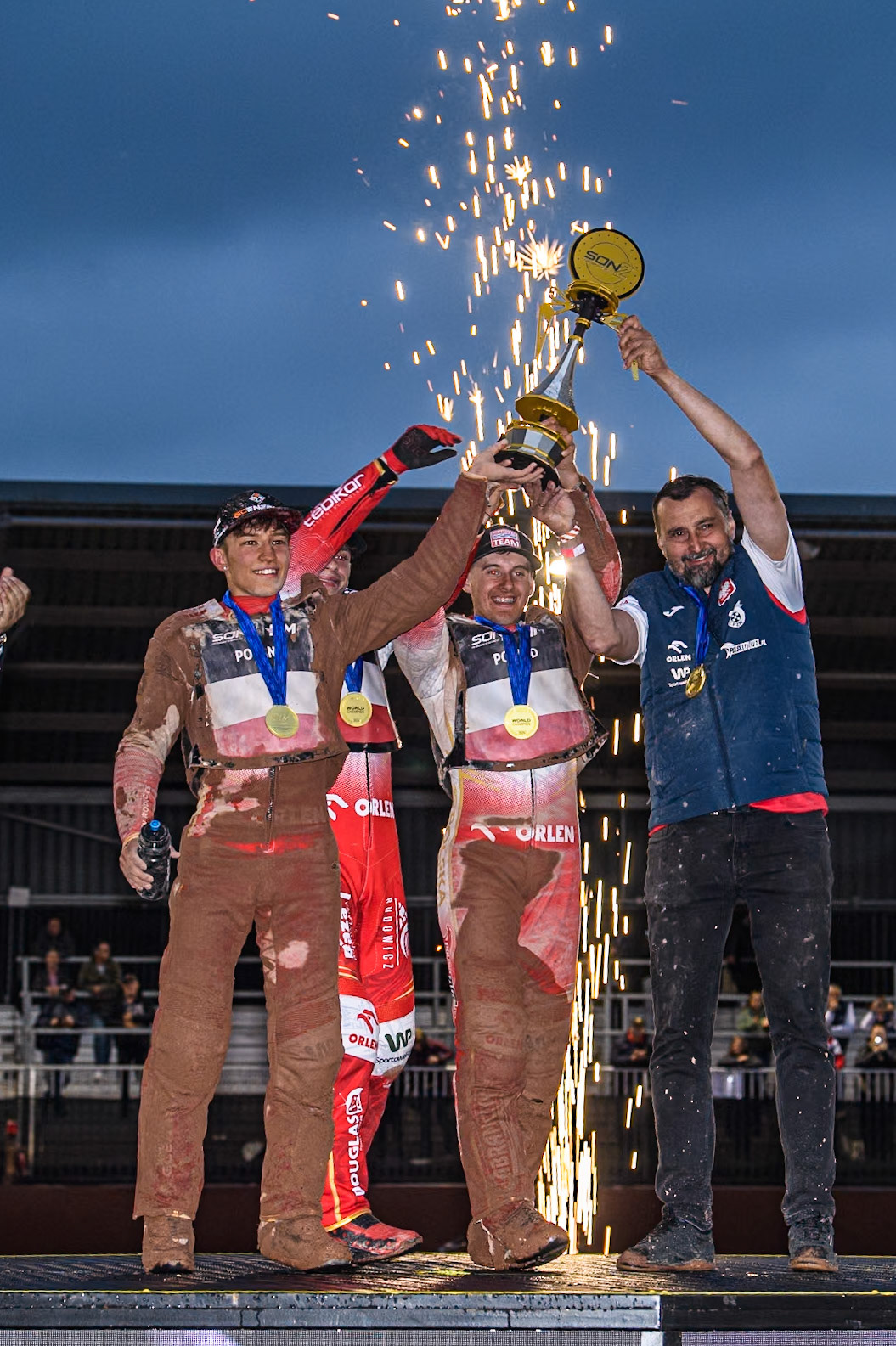 Poland raise the trophy during the Monster Energy FIM Speedway of Nations 2 (Under 21) Final at the National Speedway Stadium, Manchester on Friday 12th July 2024. (Photo: Ian Charles | MI News)