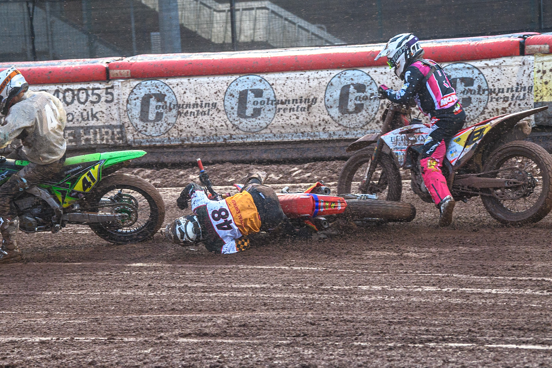 Nico Sorbo (48) from Italy slides off during the FIM World Flat Track Championship Round 1 at the National Speedway Stadium, Manchester on Saturday 5th August 2023. (Photo: Ian Charles | MI News)