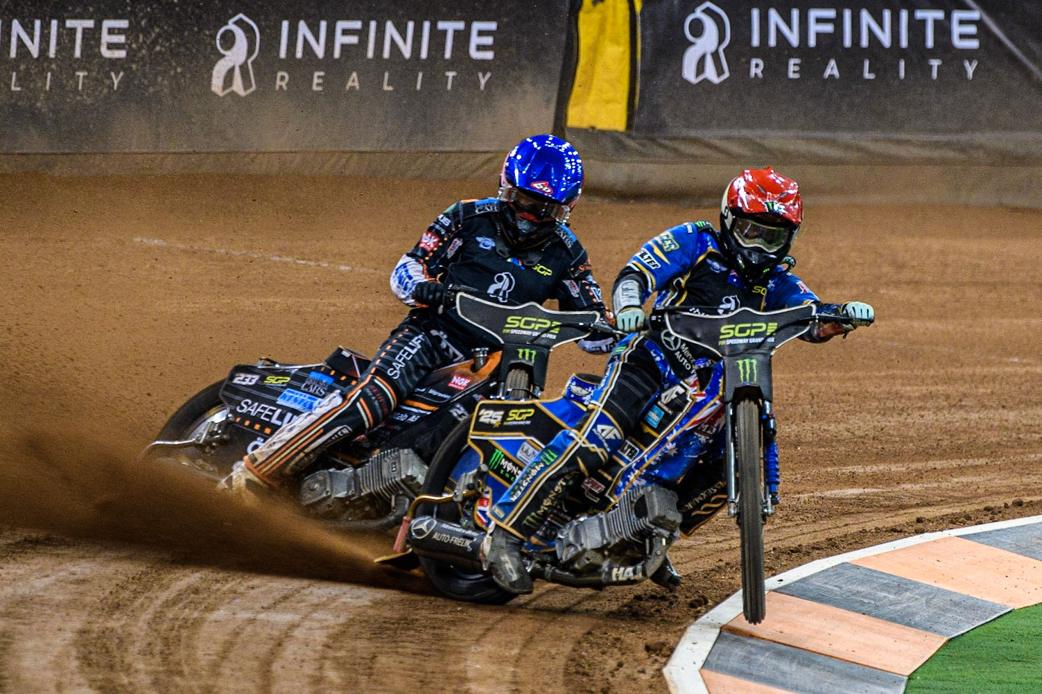 Jack Holder (25) leads  Kim Nilsson (233) (Blue) during the FIM Speedway Grand Prix of Great Britain at the Principality Stadium, Cardiff on Saturday 2nd September 2023. (Photo: Ian Charles | MI News)