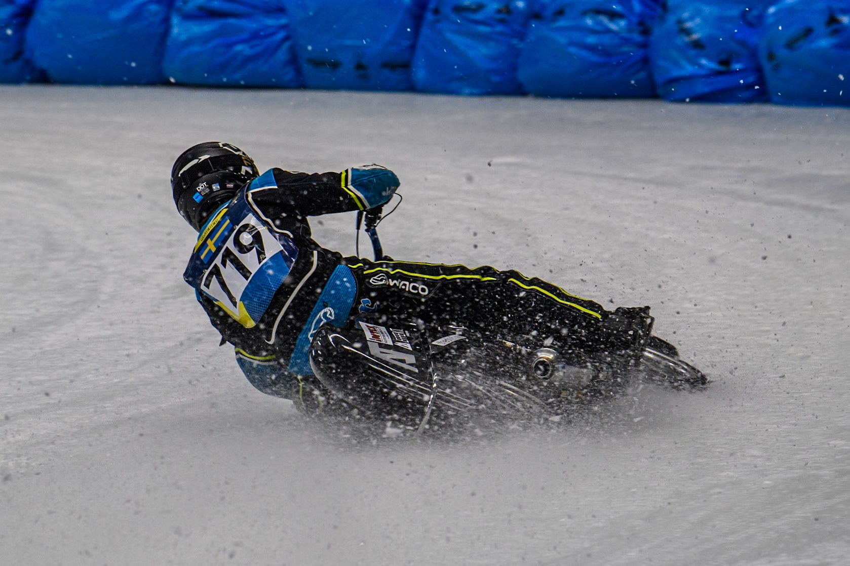 Filip Jäger (719) of Sweden in action  during practice for  the Ice Speedway Gladiators World Championship Finals 1 &amp; 2 at Max-Aicher-Arena, Inzell on Friday 14th March 2025. (Photo: Ian Charles | MI News)