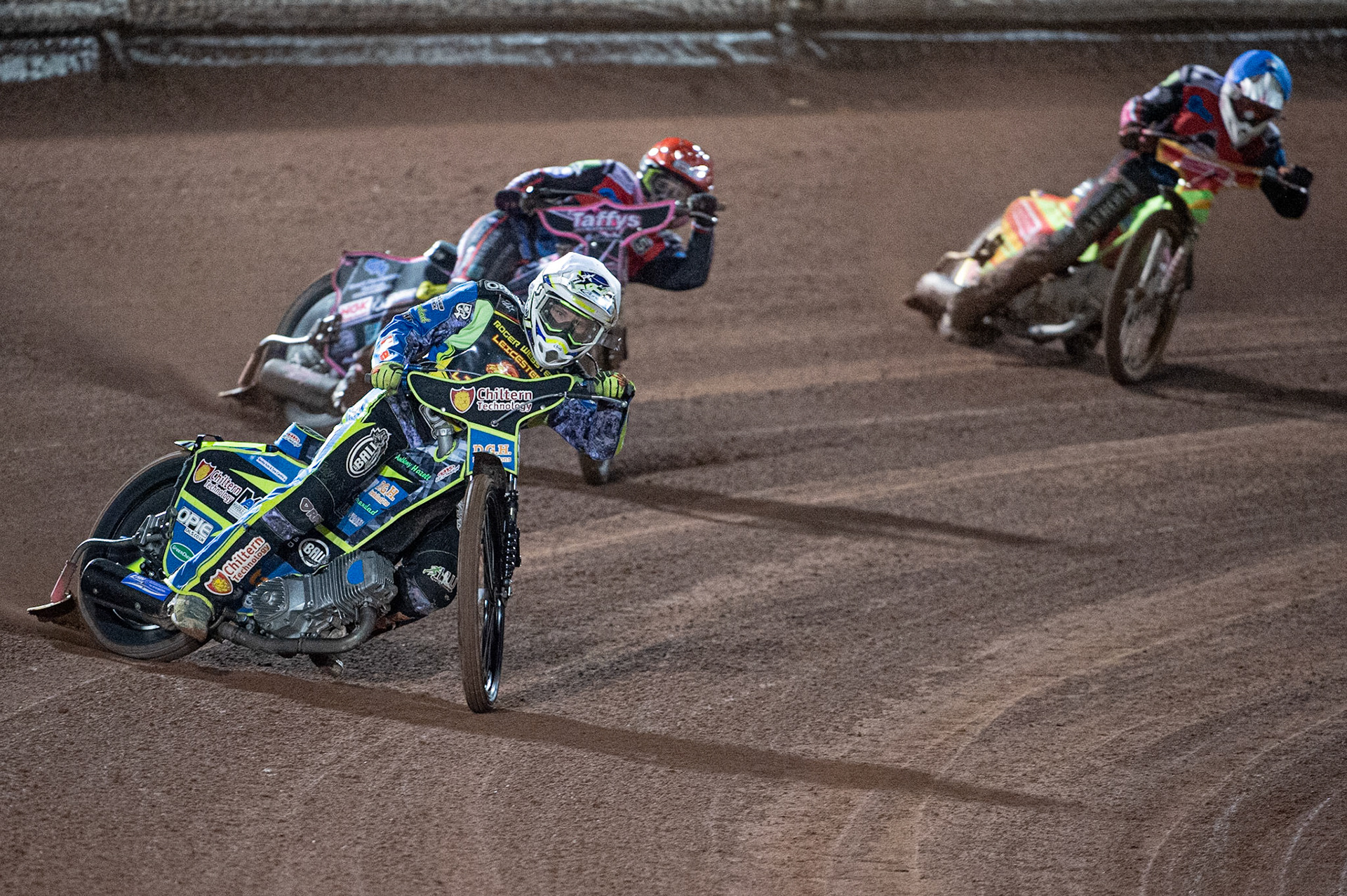 Photo: Ian Charles

Leicester Cubs  Danyon Hume  (White) leads Leon Flint  (Red) and Ben Woodhull  (Blue)

Belle Vue Colts v Leicester Lion Cubs, SGB National League KO Cup Final (2nd Leg), Belle Vue National Speedway Stadium, Manchester, Tuesday 29  October  2019